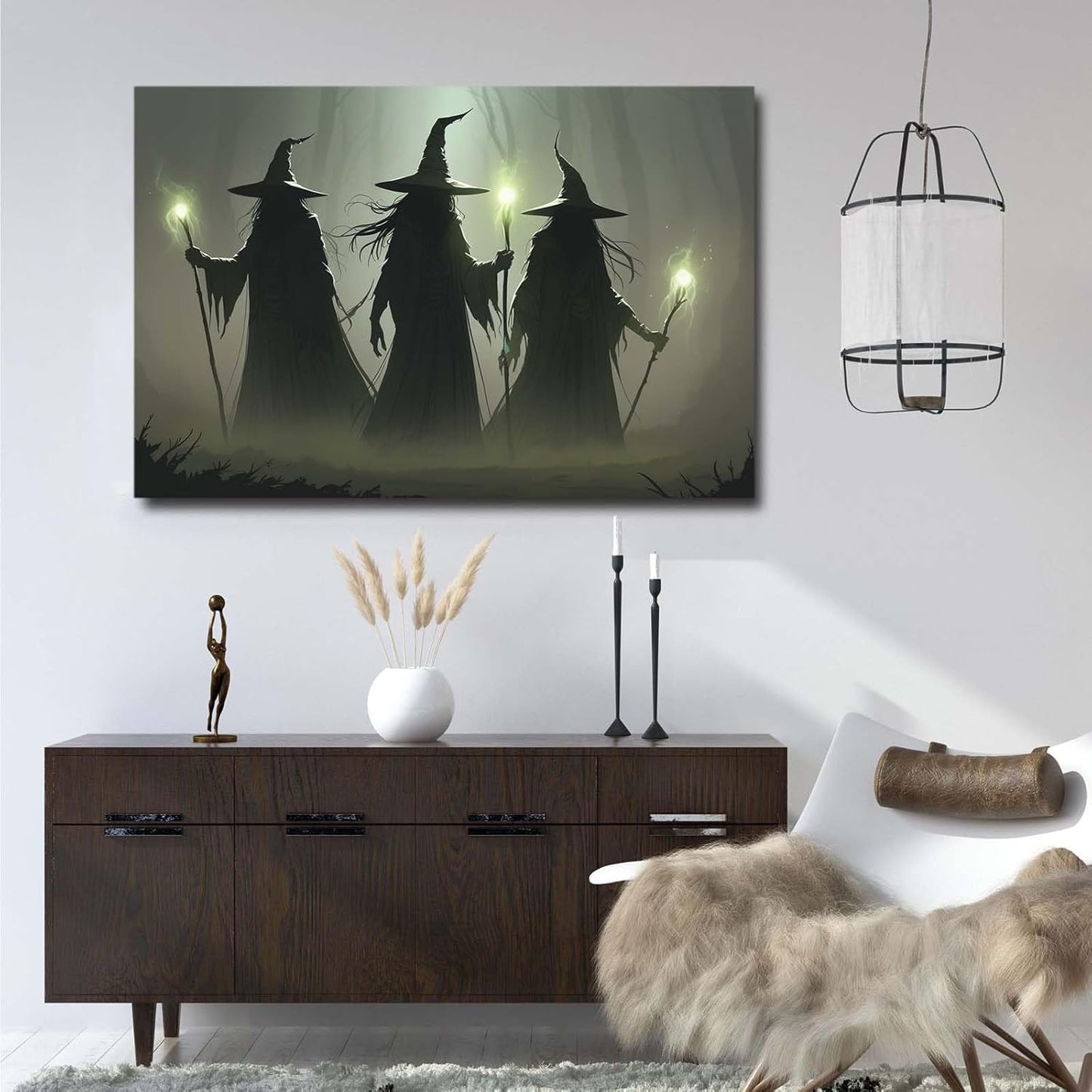 JFHCQJPK Vintage 3 witches canvas wall decor melancholy dark Halloween poster wall decor holding a staff print Gothic horror Halloween painting print for living room bedroom32x48in Frameless