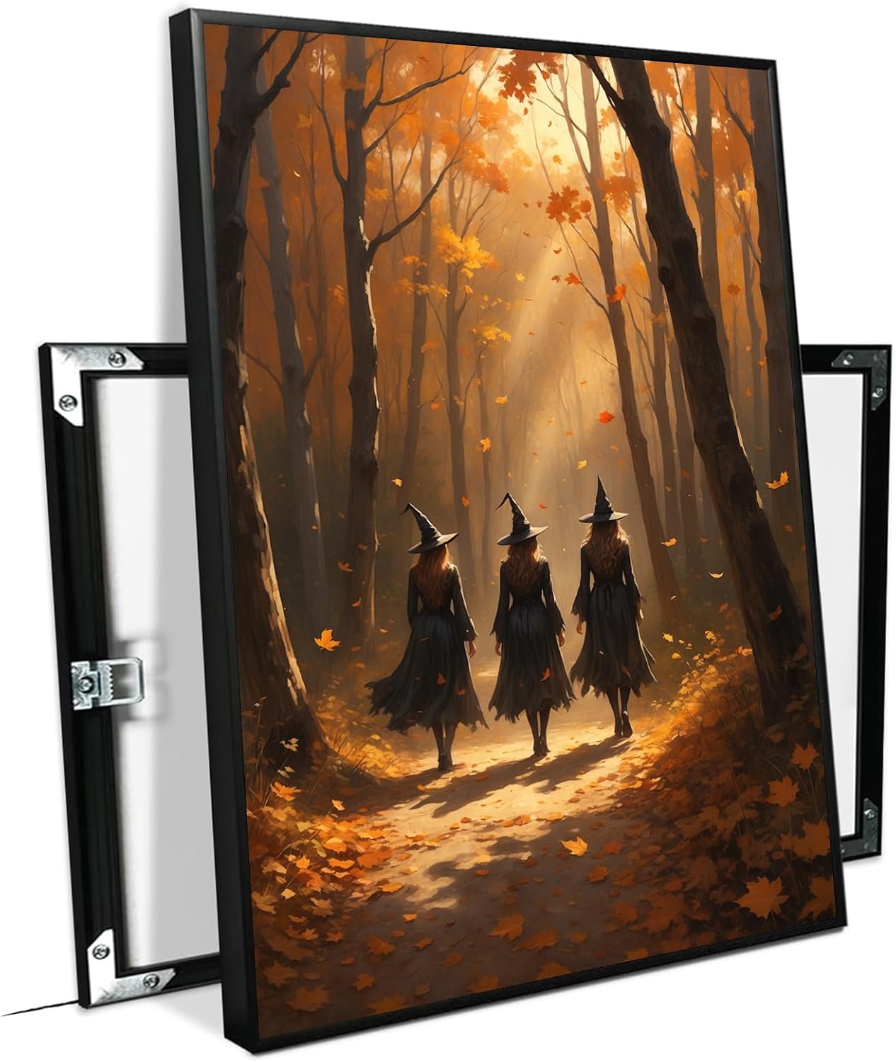 JFHCQJPK Three witches walking in the forest in autumn canvas painting gothic poster halloween print country witch wall art for home decoration16x24in Metal blackFramed