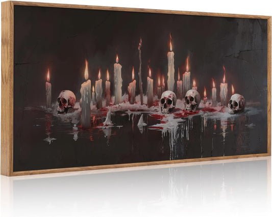 Aurlan Gothic Bloody Skull and Candles Framed Wall Art(40"x20"), Large Horror Dark Academia Halloween Skeleton Canvas Artwork, Modern Goth Spooky Creepy Ghost Decor for Home Office Bedroom