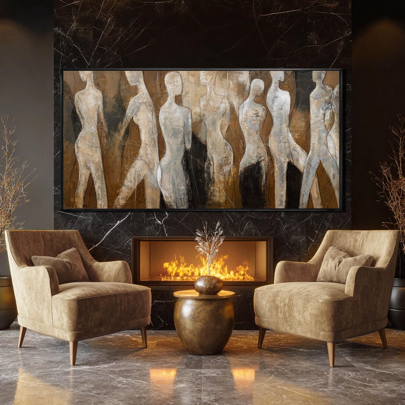 Black Line Wall Decor Brown Canvas Wall Art Figure Wall Decorations 29"x58" Large Pictures for Living Room Artwork for Office