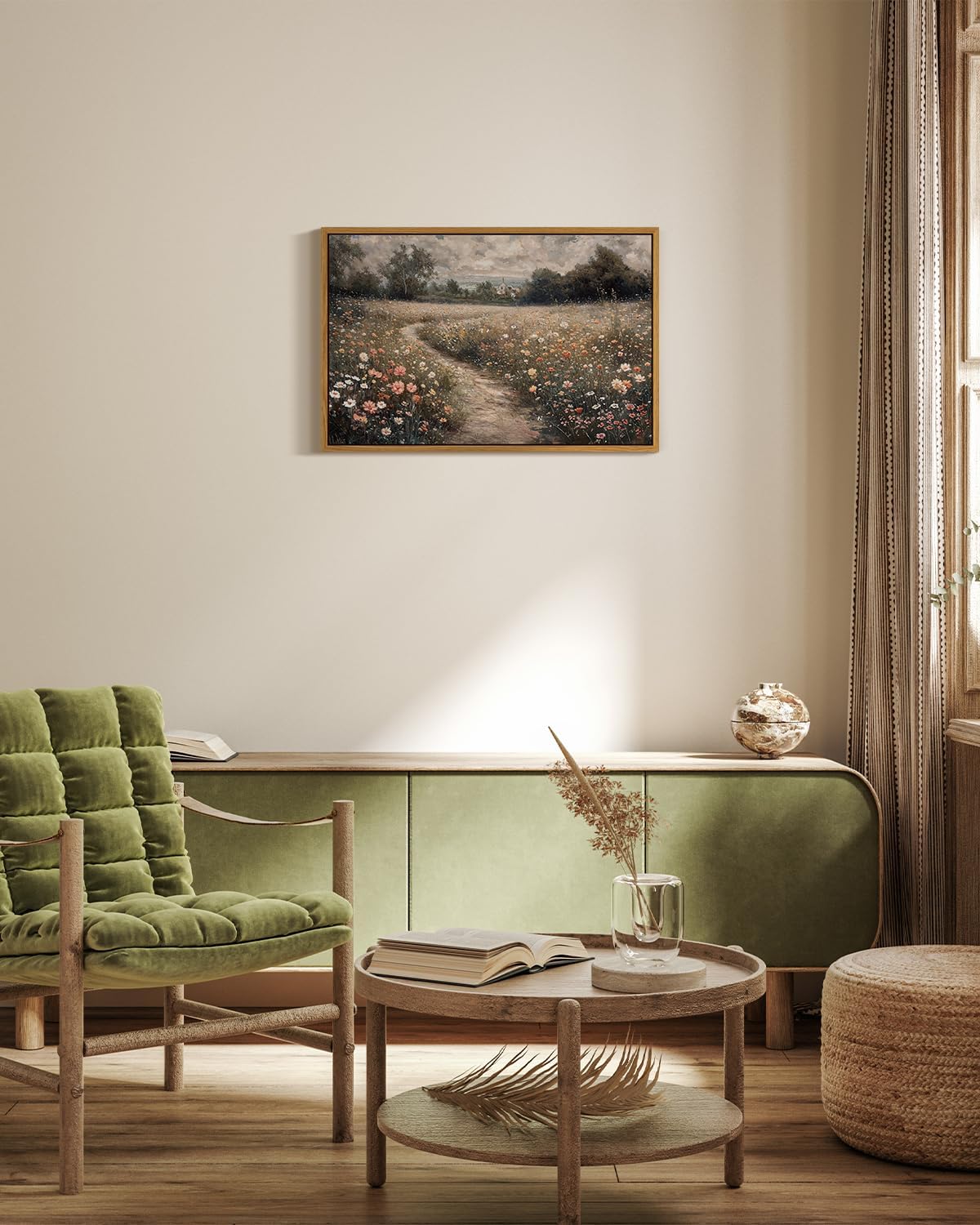 VIYYIEA Framed Canvas Wall Art Home Decor Vintage Landscape Nature Country Wildflower Paintings Farmhouse Pictures Floral Artwork Rustic Flower Prints Cottagecore Living Room Bedroom Bathroom 16x24in