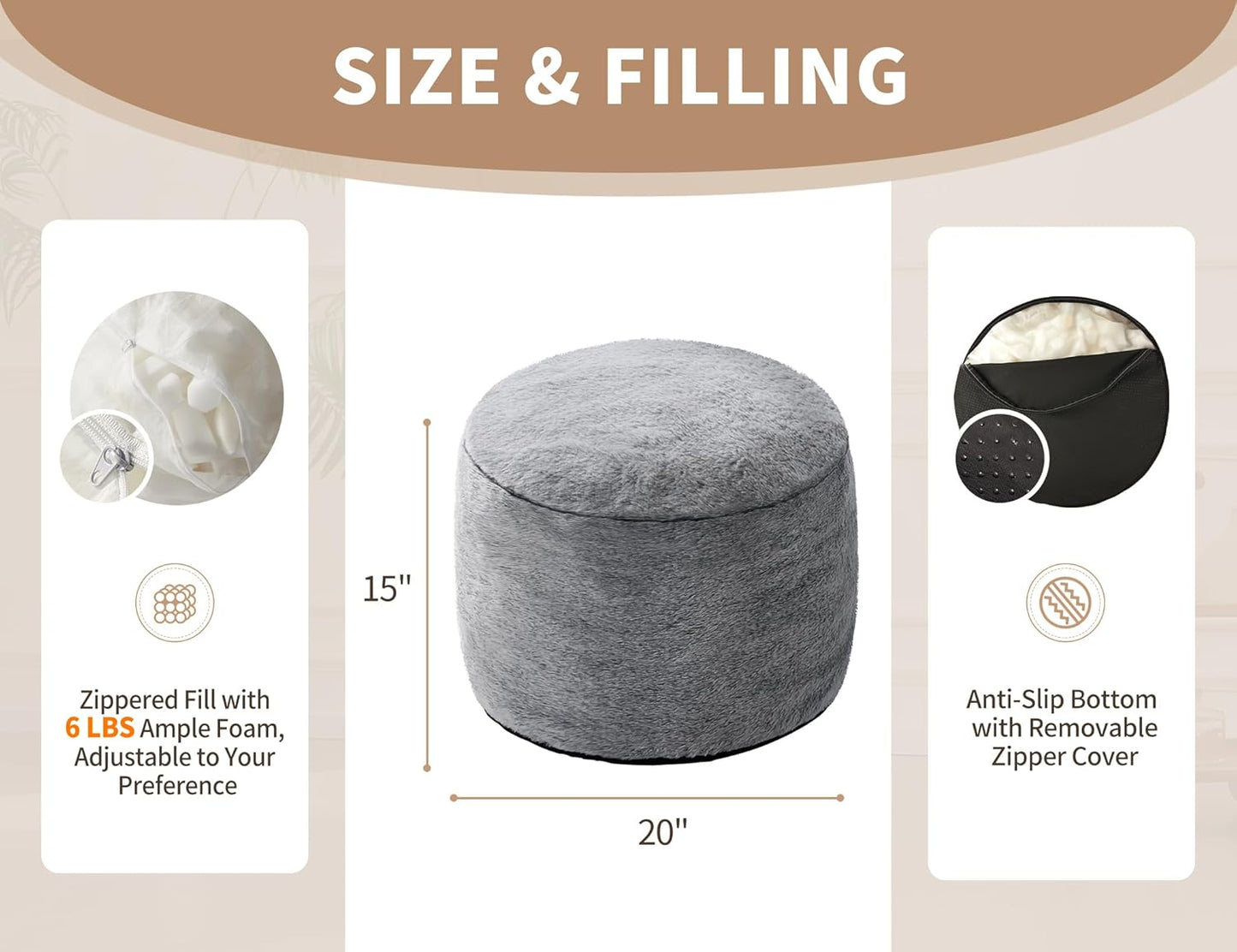 Round Ottoman Foot Rest for Couch 20"x15" Foot Stool Ottoman Pouf with Foam Chunk Filling Small Ottomans Foot Stools Poufs for Living Room Dark Grey Poof Hassocks and Ottomans Soft Foot Rest for Chair