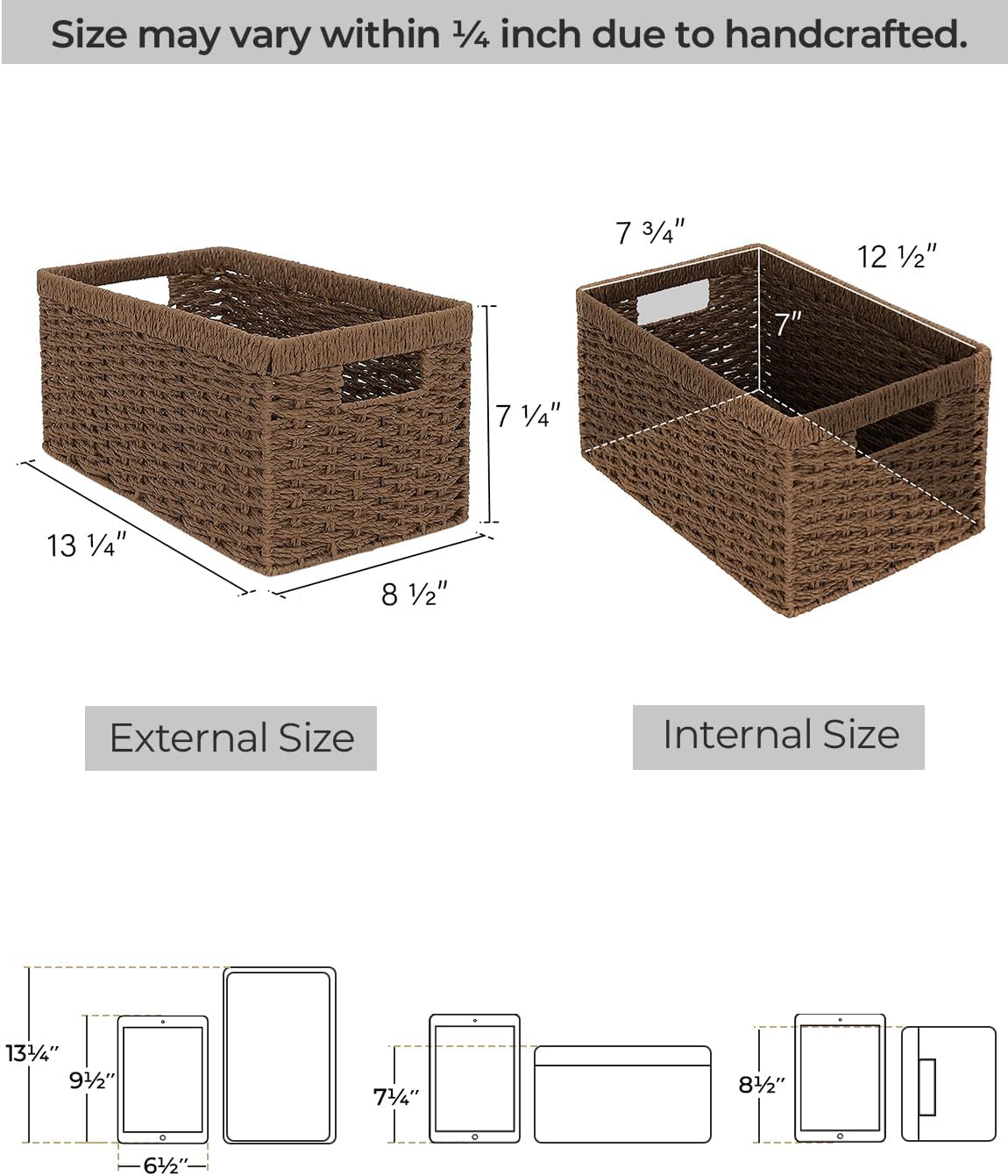 StorageWorks Round Paper Rope Storage Baskets, Rectangular Wicker Baskets with Built-in Handles, Medium, 2-Pack