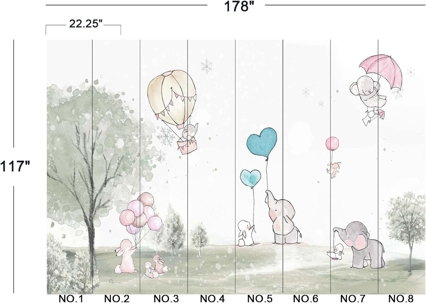 Cartoon Elephant Rabbit Balloon Nursery Wall Mural Wallpaper 178" x 117"