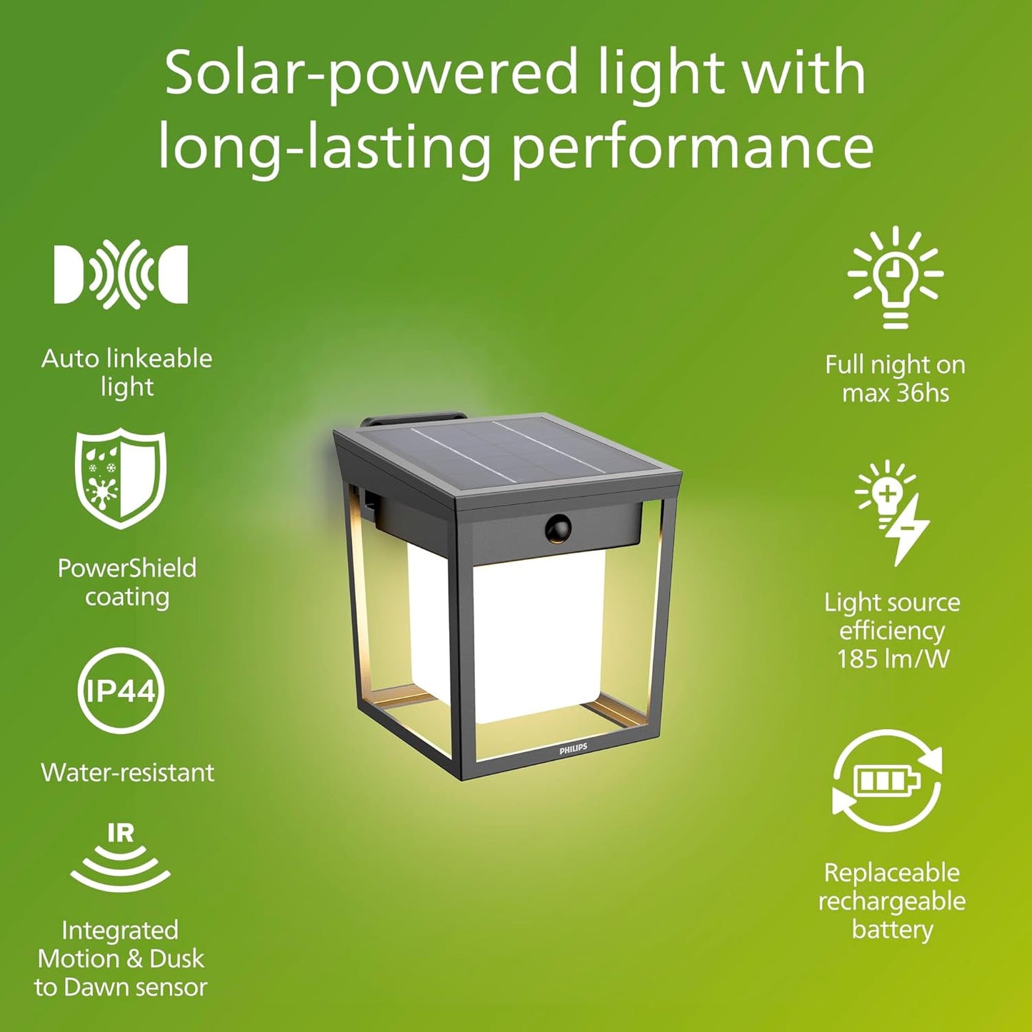 Philips Solar LED 1-Pack Ultra-Efficient Wall Lantern - Blaise, Dusk to Dawn, Automatically Linkable, Daylight and Motion Sensor, 3000K Bright White Light, IP44, Anthracite