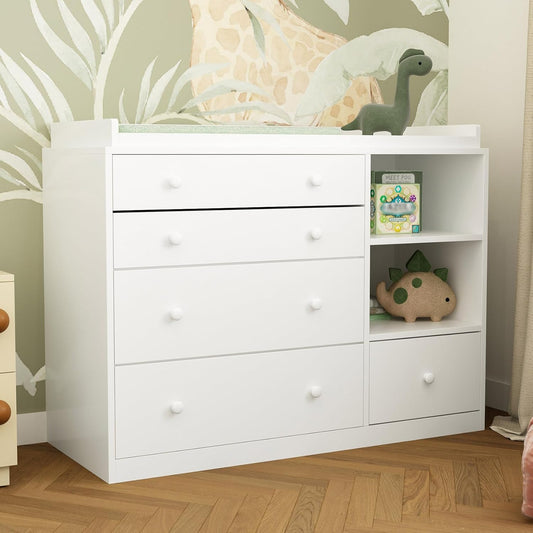Changing Table Dresser, Baby Classic Nursery Dresser with 5 Drawers and 2 Shelves, Multi-Functional Baby Changing Table, Diaper Changing Station for Children's Room, White