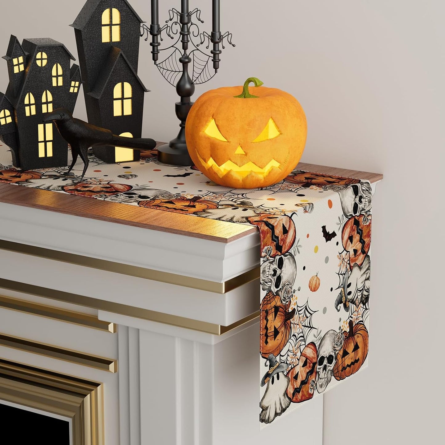 XCHI Spooky Skeleton Ghost Pumpkin Halloween Table Runner Party Table Decoration for Home Kitchen Dining Holiday Decor 13x48 Inch