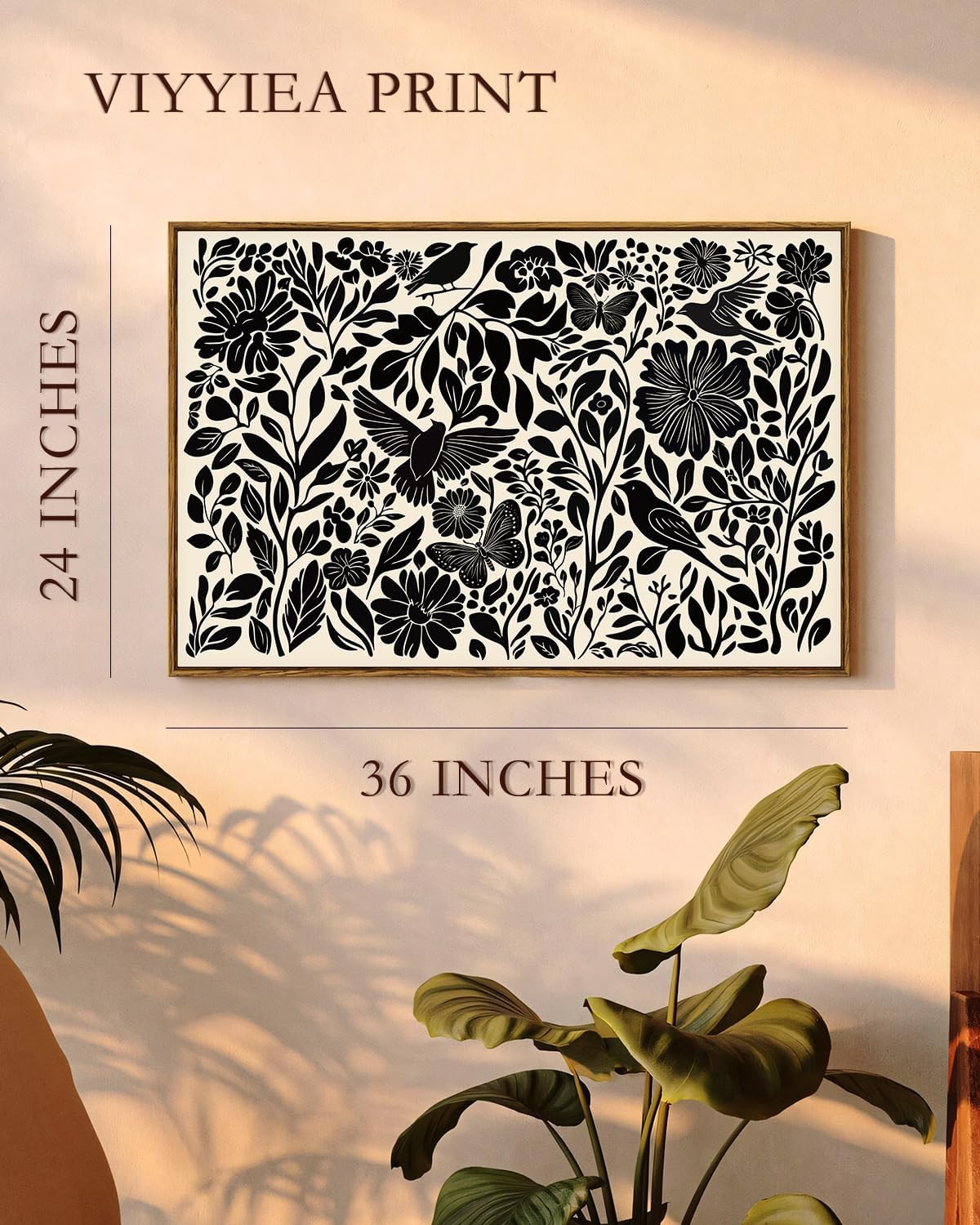 VIYYIEA Framed Canvas Wall Art, Black and White Large Wall Art for Living Room, Print Paintings, Boho Home Office Decor, Bedroom Wall Decor -【Flowers & Birds】-(24"x36")