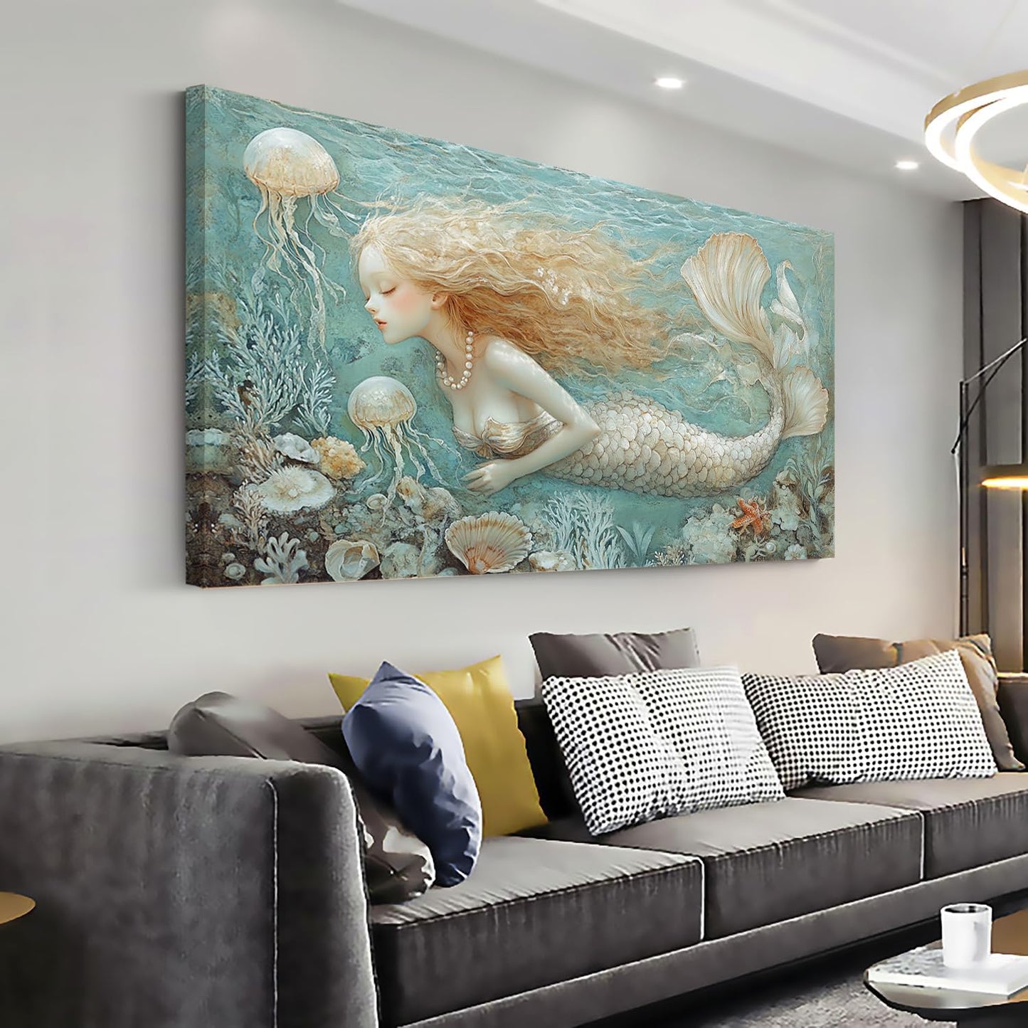 LASMOND Ocean Mermaid Wall Art for Girls Room Modern Canvas Prints Marine Organism Underwater World Sea Creatures Artwork Paintings Women Bedroom Wall Decor (46x23 Inches)