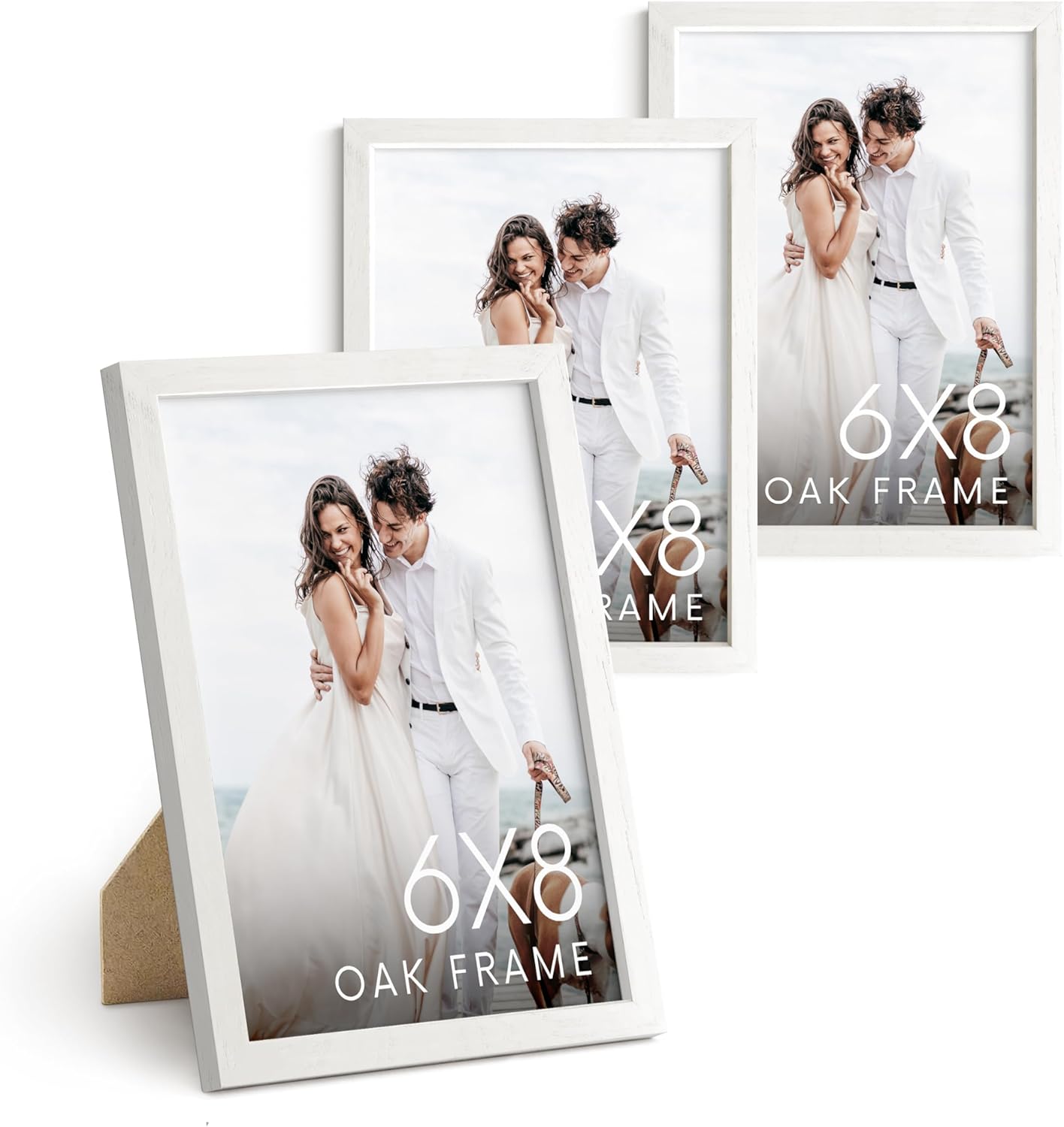 HAUS AND HUES 6x8 White Oak Wooden Picture Frame - Set of 3 6x8 Poster Frame - Premium Oak, Vertical Hang, Shatterproof Plexiglass - Ideal for Home, Room, Office (6x8-inch, White, Set of 3)