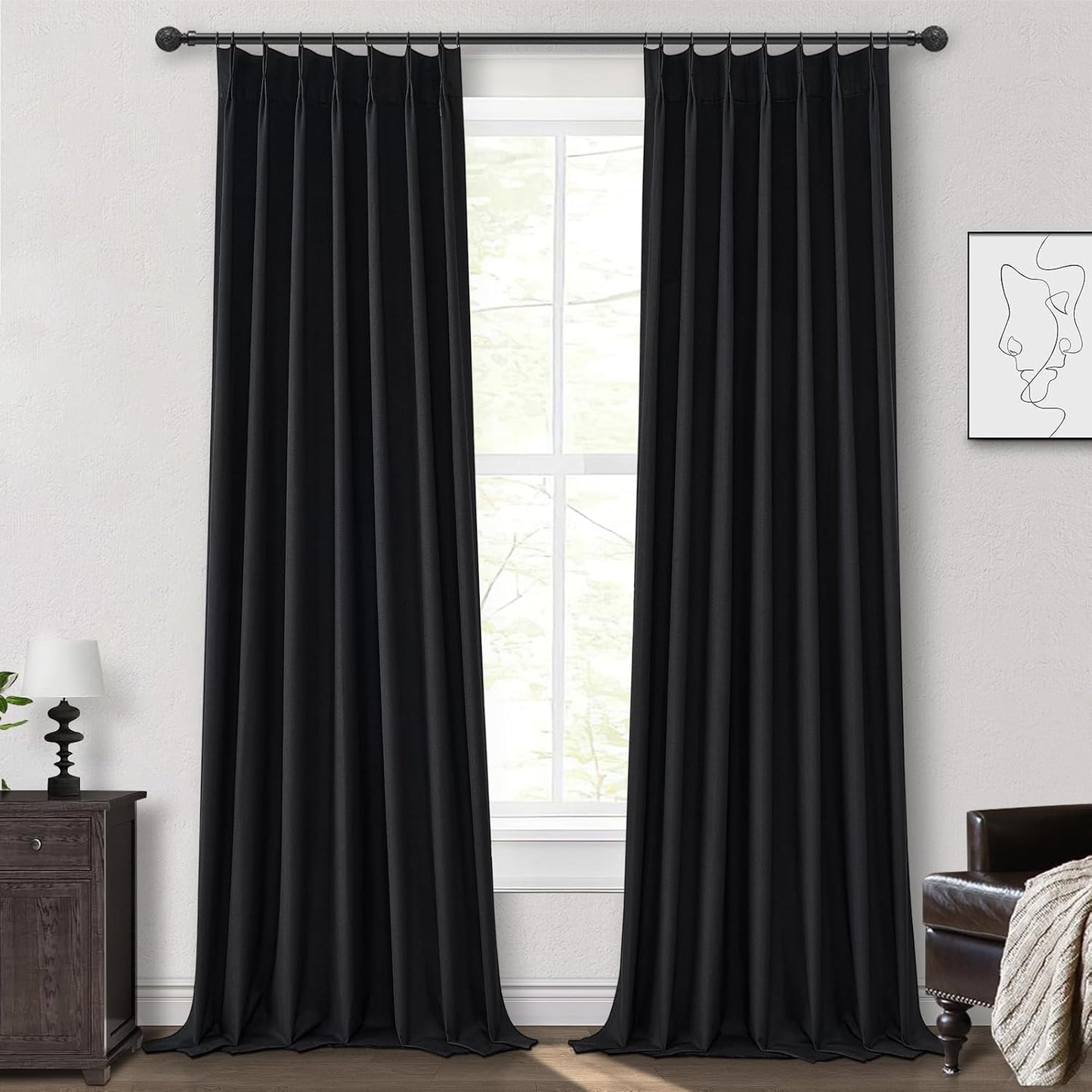Solid Black 10 ft Blackout Curtains 120 Inches Long,Linen Elegant Floor Length Tall Large Window Curtain for Sliding Door 2 Panels Privacy Room Divider Drapes for Living Room Pinch Pleated (40"Wx120")