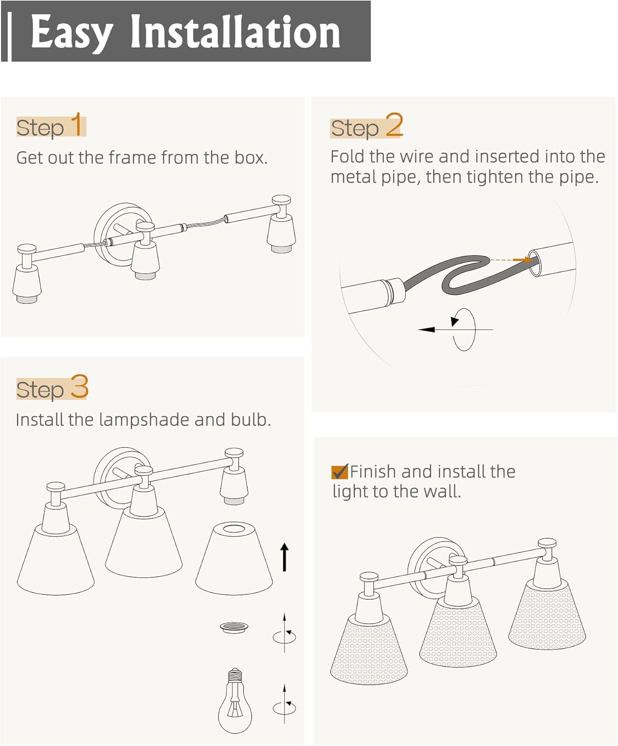 FEMILA Antique Brass Bathroom Vanity Light, 3-Lights Industrial Modern Wall Sconce Bathroom Lighting, Hammered Metal Shade Finish, 4FG59B-3W BG