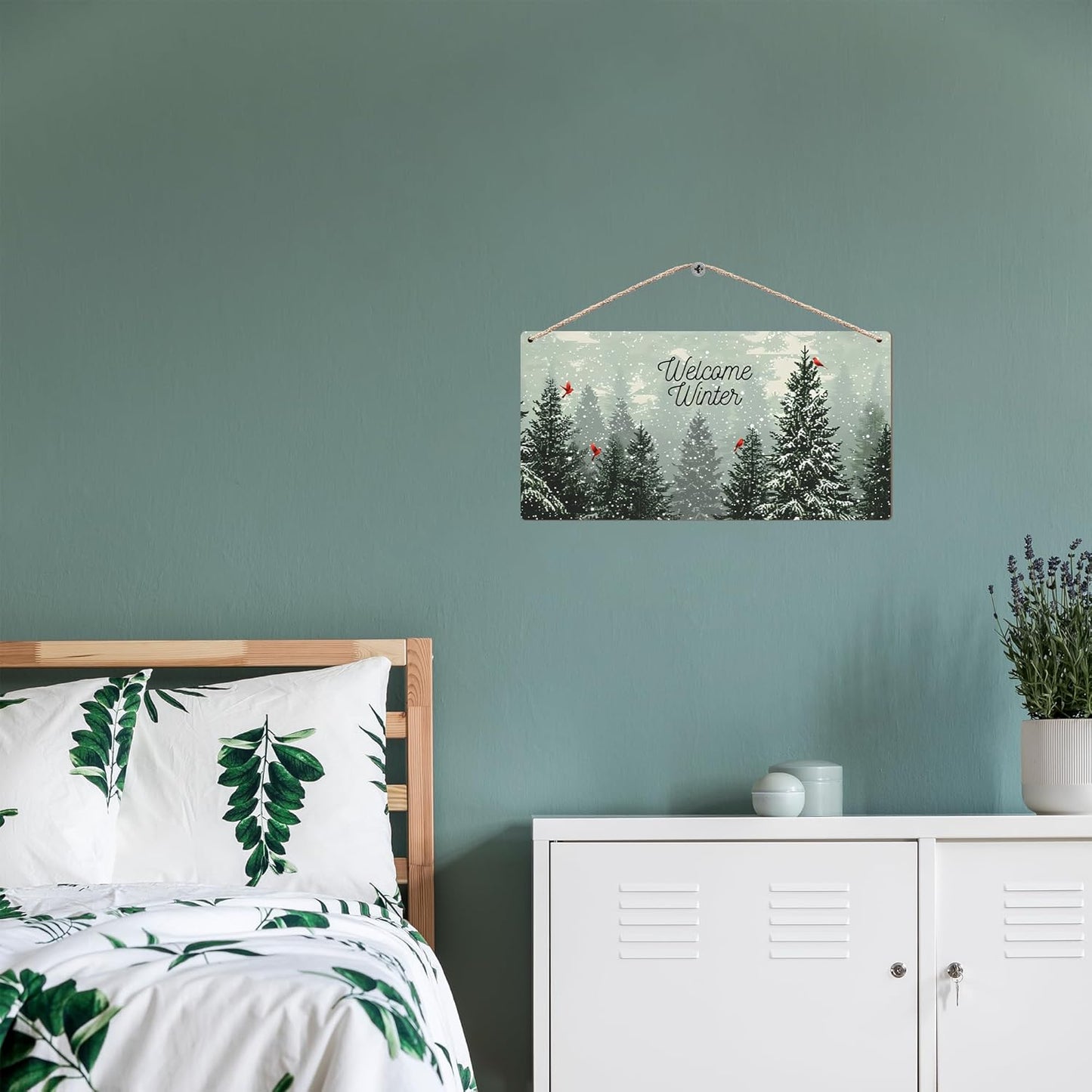 Welcome Winter Hanging Wooden Signs 12x6, Pine Tree Decor, Winter Door Decorations, Winter Door Sign, Snowflake Pine Trees Birds Home Room Office Hanging Wall Decor