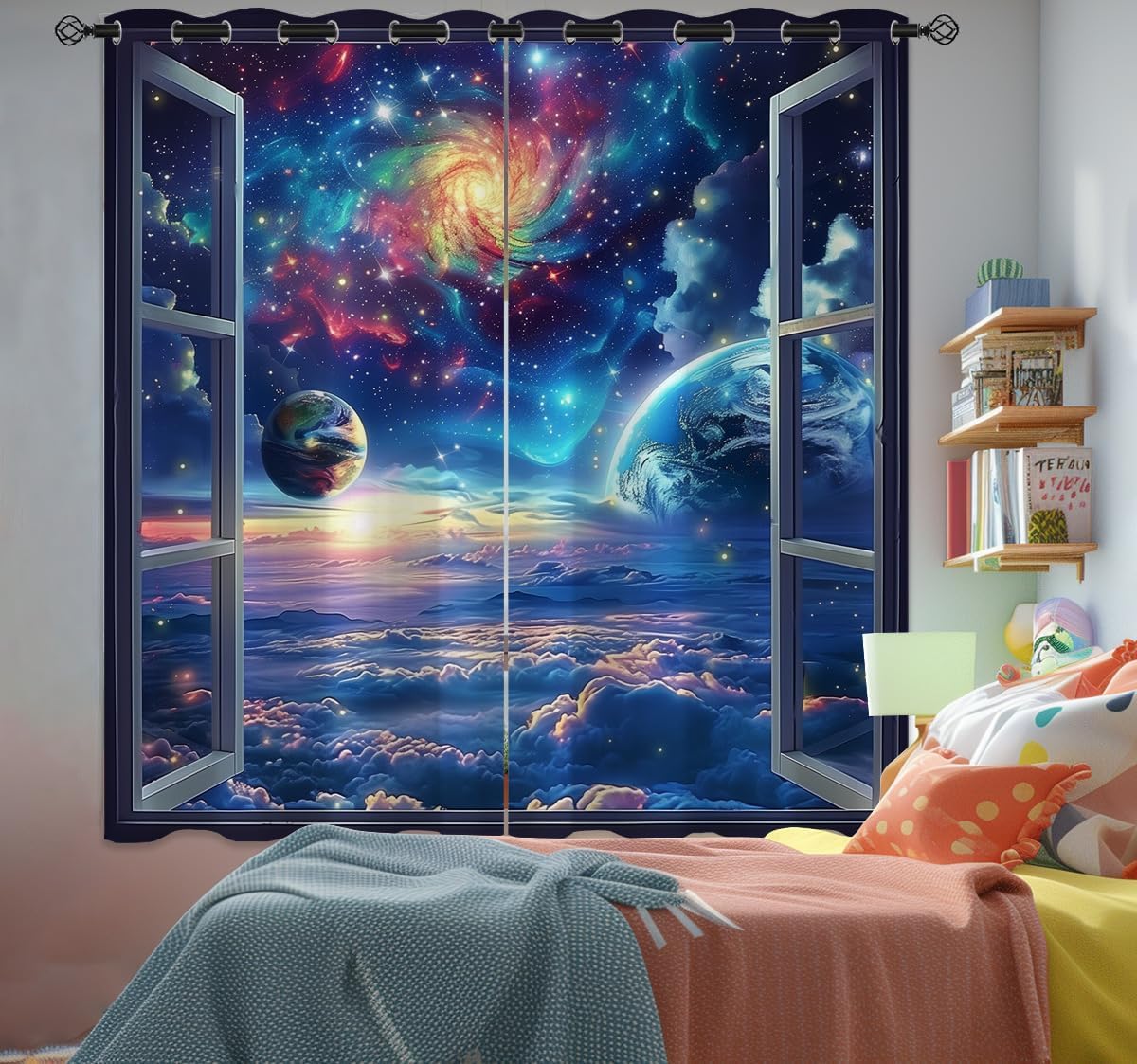 Space Galaxy Blackout Curtains for Girls Boys Kids Home Decor, Universe Nebula Galaxies Solar Planet Grommet Thermal Insulated Drapes Darkening Window Curtain for Bedroom Living Room, 42 x 63 Inch