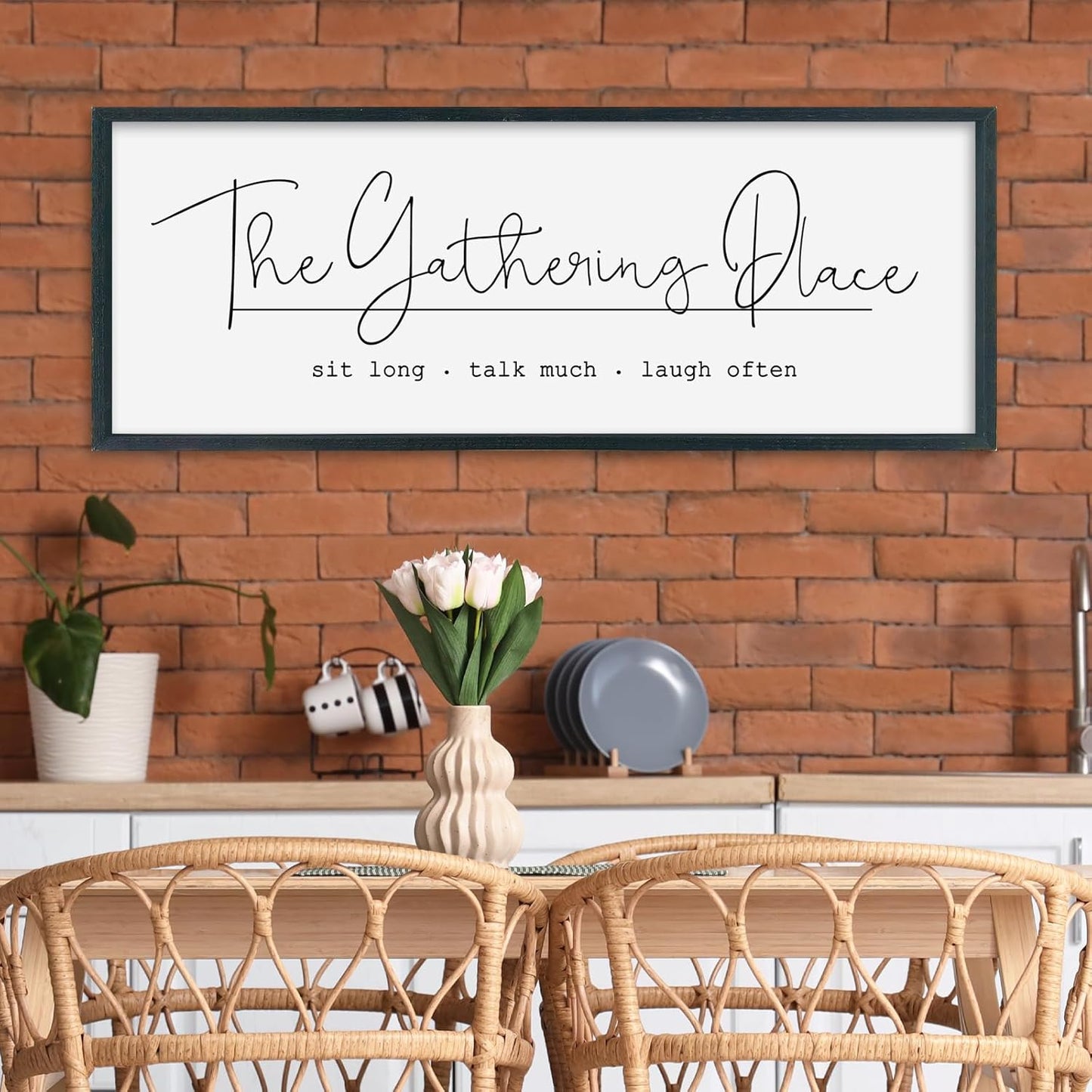 SRSZHIYUE The Gathering Place Sign Wall Decor Art 32"×12" for Large Kitchen Dining Room Wood Framed Wall Hanging (Black)