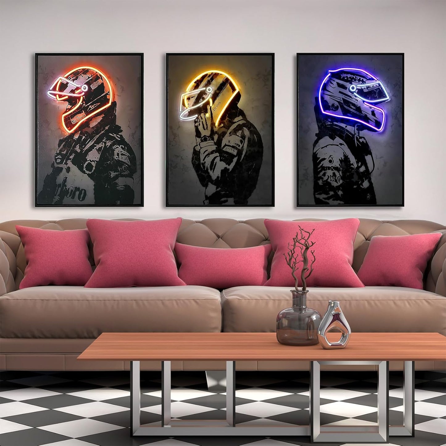 Sorventina Racing Superstar Wall Decor Canvas Prints- 3pcs Set Sports Painting Art Decor, Neon Racing Driver and Motorcycle Wall Art for Bedroom Living Room Home Decor, Wrap Framed(colorful, 16x24)