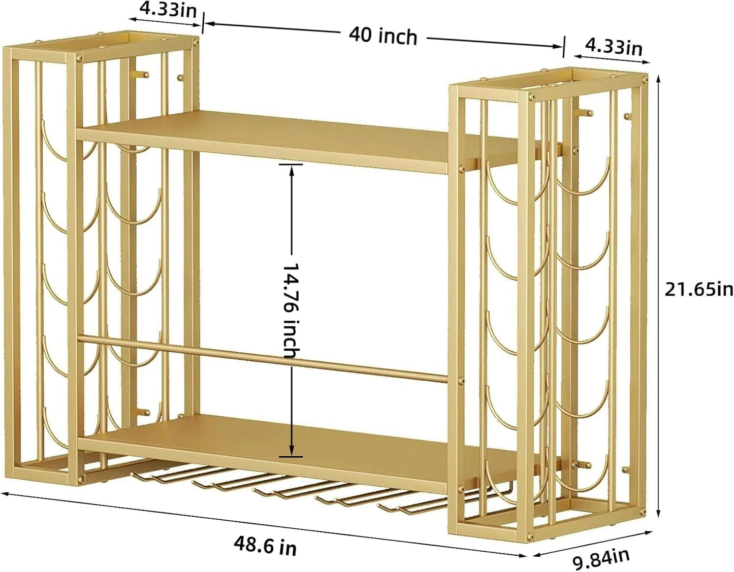 Wall Mounted Wine Rack, Hanging Floating Bar Liquor Shelves with Glass Holder, Metal Bottle Holder Wine Storage Display Shelf for Home Bar, Gold (40”W x 9.8”D x 21.65”H)
