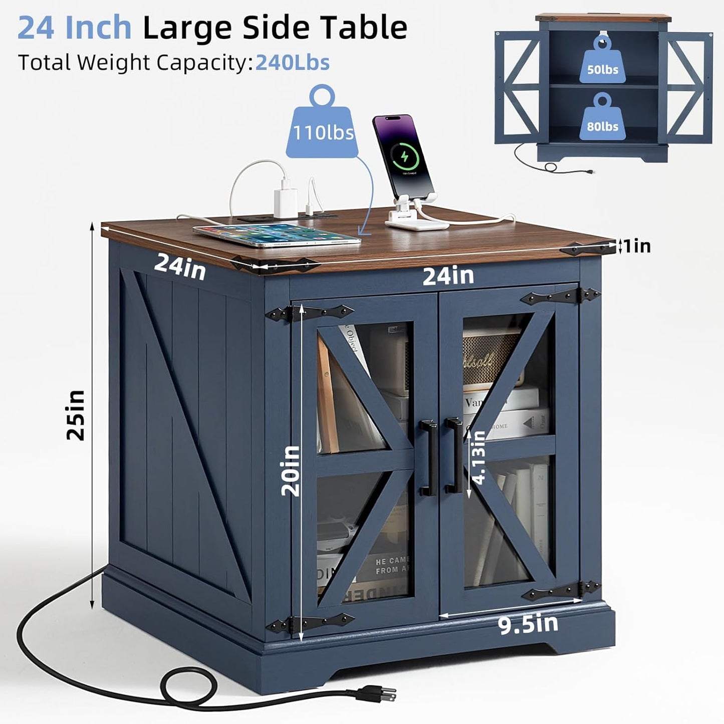 24" End Table with Charging Station, Farmhouse Night Stand with Glass Barn Door, White Nightstands with Adjustable Storage Shelf, Large Wood Square Bed Side Table for Living Room,Bedroom