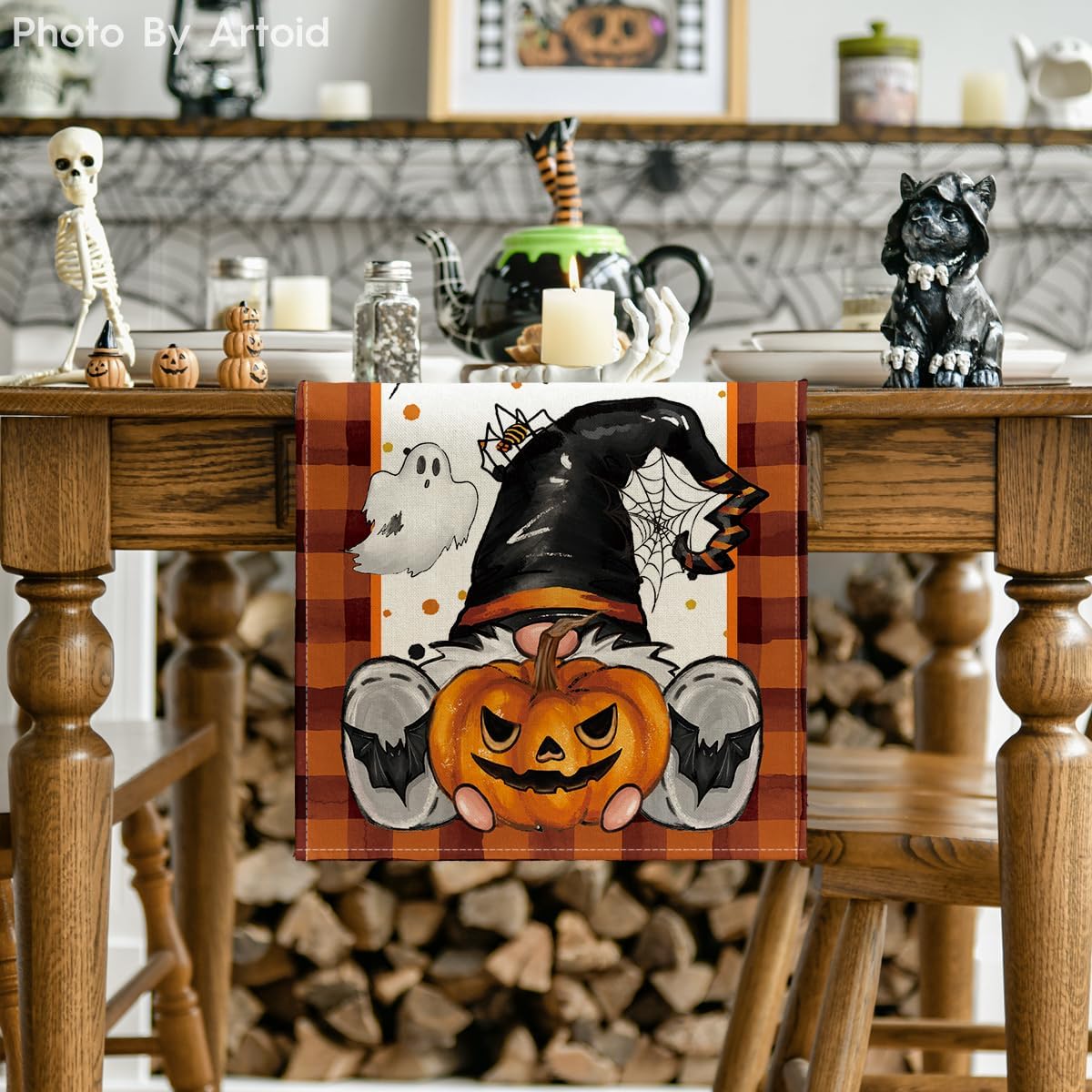 Artoid Mode Orange Black Buffalo Plaid Gnome Bat Pumpkin Ghost Halloween Table Runner, Sensonal Kitchen Dining Table Decor for Home Party 13 x 72 Inch