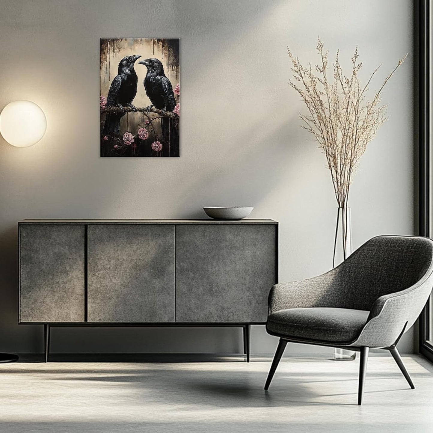 OAAPITI Crow Canvas Wall Art Black Raven Picture Print Pink Rose Poster Vintage Gothic Painting Artwork for Living Room Halloween Decor(Artwork-6,12"x18")