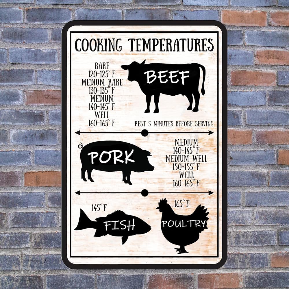 Vintage Kitchen Tin Sign Meat Internal Cooking Temperatures Sign Measurement Kitchen Conversion Metal Signs Meat Temperatures Cooking Chart Decor 8 X 12 Inch