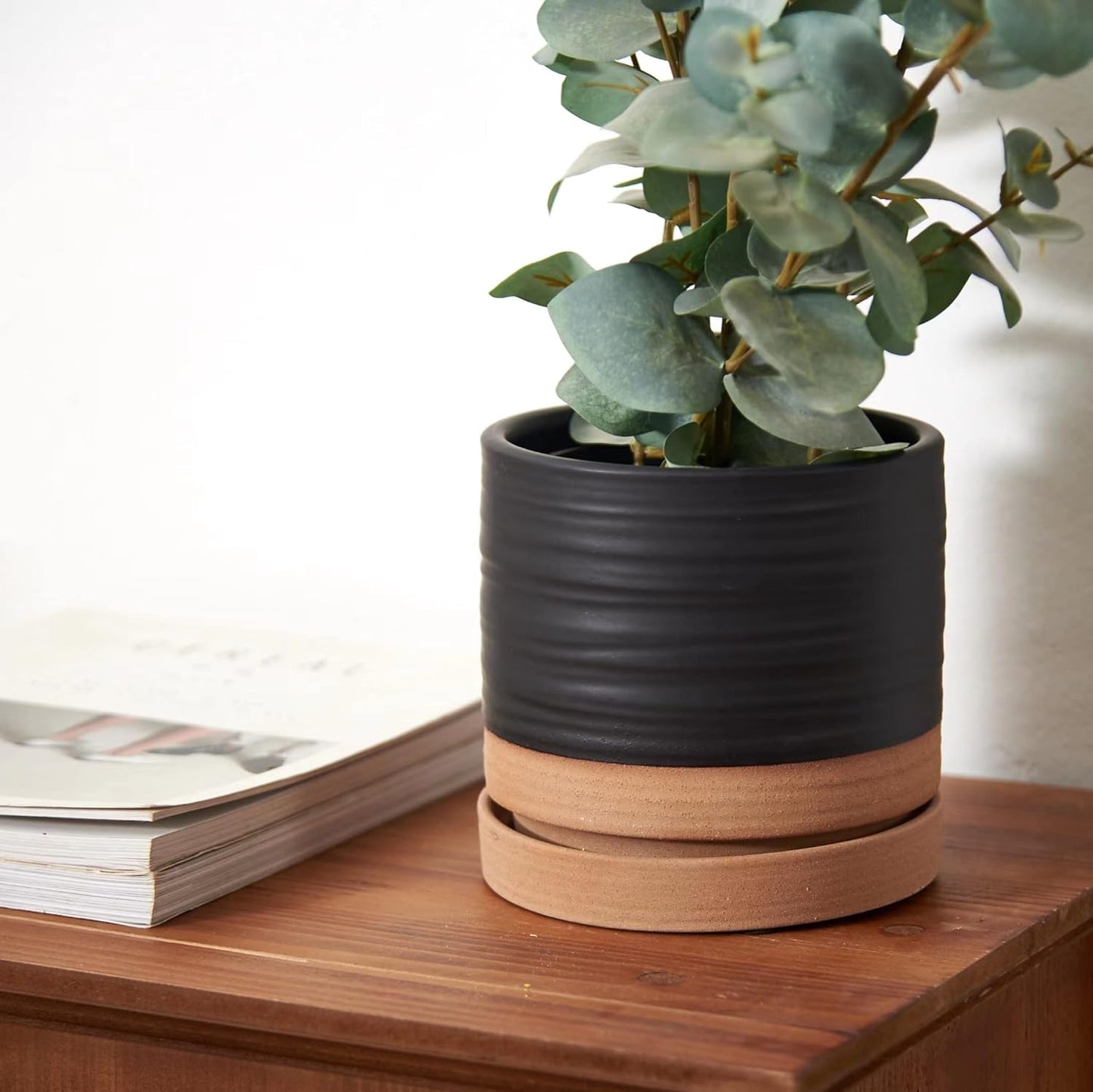 6 Inch Plant Pots, Ceramic Planter Pot with Drainage Hole & Saucer, Indoor/Outdoor Cylinder Round Planter Pot, Matte Black & Brown