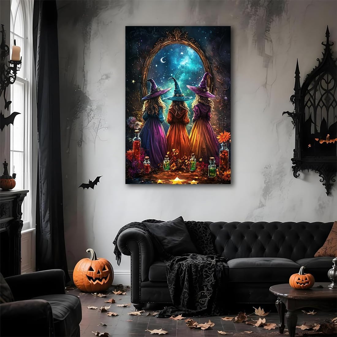 Witch Poster Halloween Fall Wall Art Decor,Three Witches with Magic Potion Mirror Colorful Vintage Print,Dark Academia Spooky Canvas Art Prints for Home Living Room,12"x18" Framed