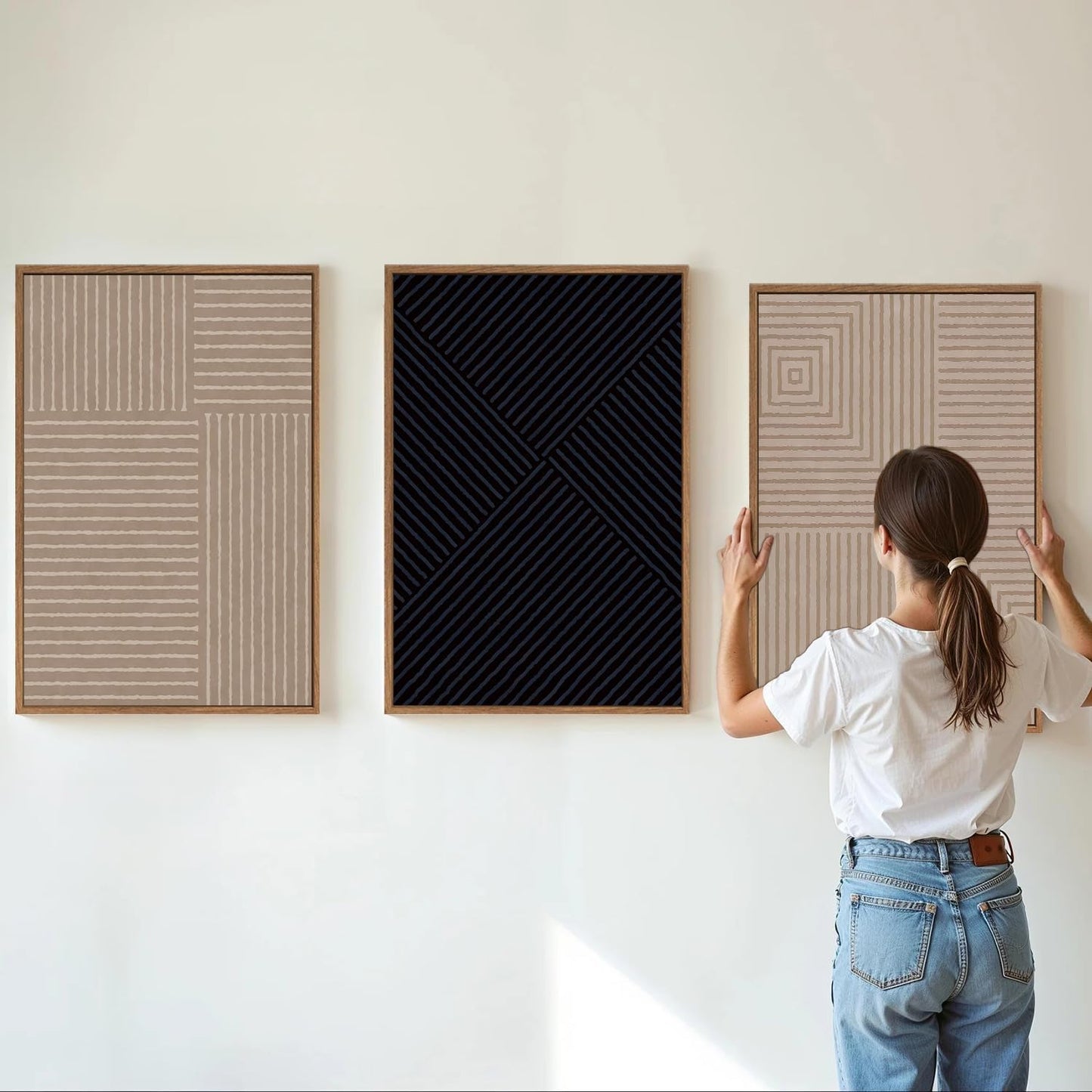 Tinonedraw Mid Century Modern Framed Canvas Wall Art Set of 3, Neutral Abstract Art Prints, Black and Brown Geometric Minimalist Wall Decor for Living Room Bedroom Office Dining Room 16"x24"x3