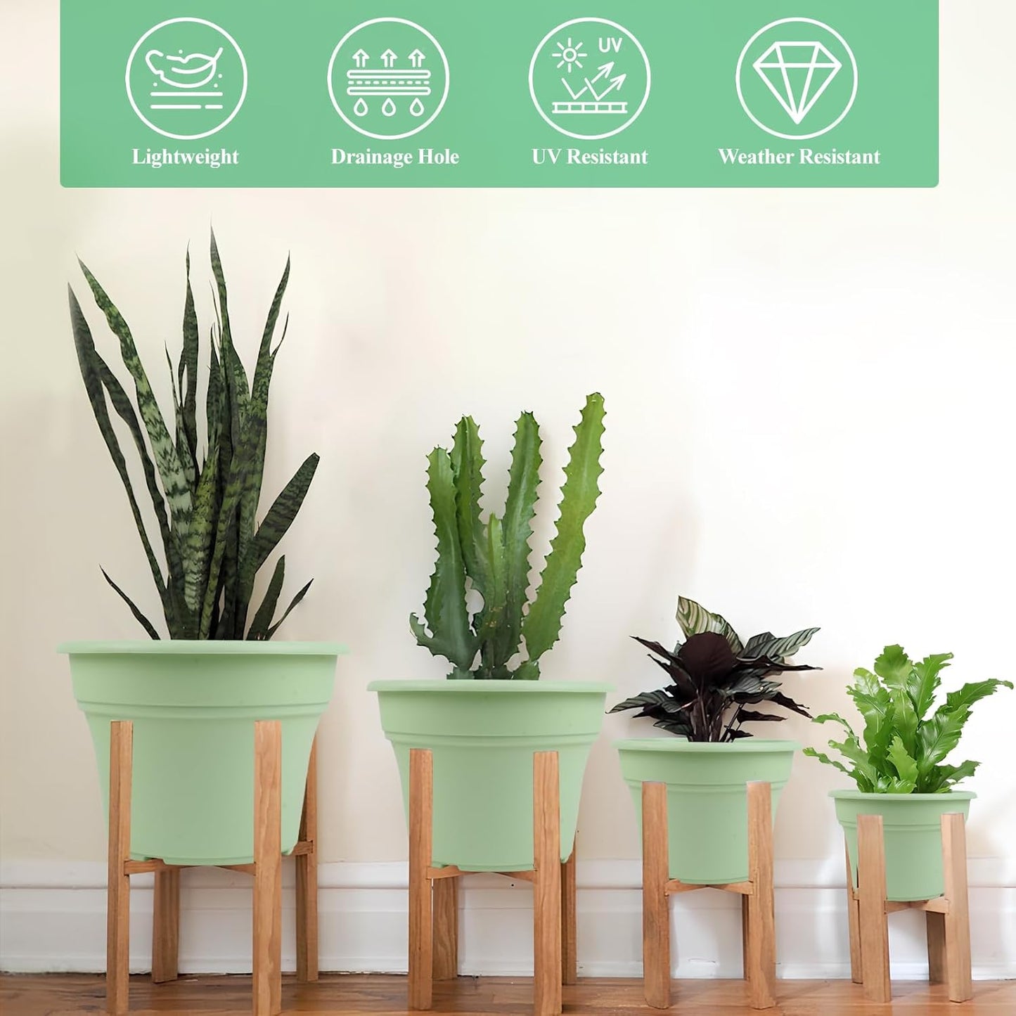 13 Inch Plastic-Flower-Pot-for-Indoor-Plants, 4 Pack Large Outdoor Planter Pot with Drainage Holes & Saucers, Resin Decorative Garden Pots Planters