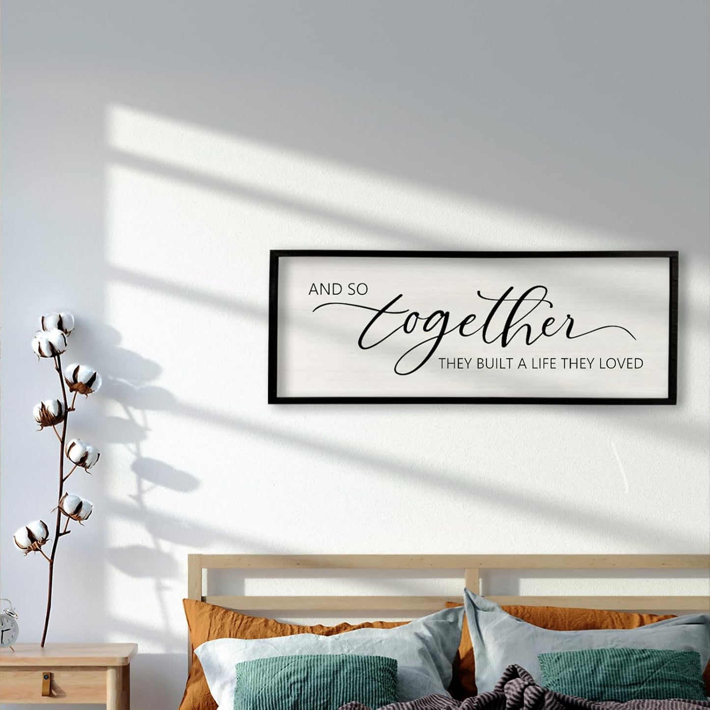 And So Together They Built A Life They Loved Sign 40”X15” Master Bedroom Above Bed Wall Decor Large Framed Wood Farmhouse Sign for Over Bed Bedside Wall Art for Love Sign Decor (Black)