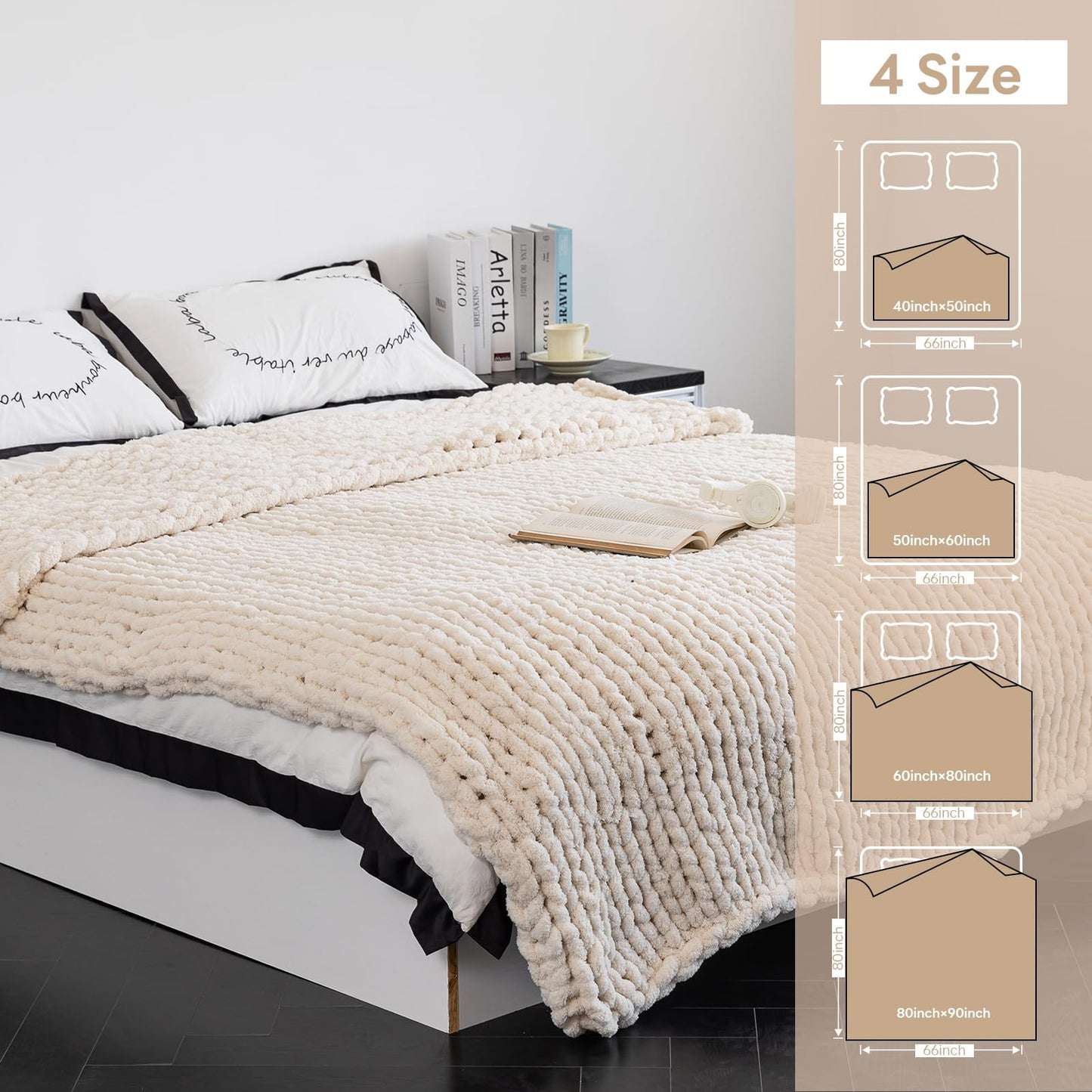 Premium Cream Chunky Knit Throw Blanket | 60"x80" Woven Rope Knot Design | Ultra Soft & Machine Washable
