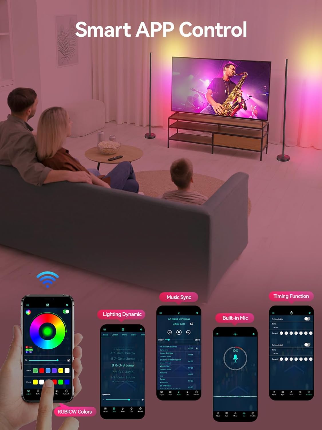 Smart RGBICW LED Corner Floor Lamp - 16 Million DIY Colors, 68+ Scenes, Music Sync, App & Remote Control, Color-Changing Ambient Lighting for Living Rooms, Bedrooms, and Gaming Rooms