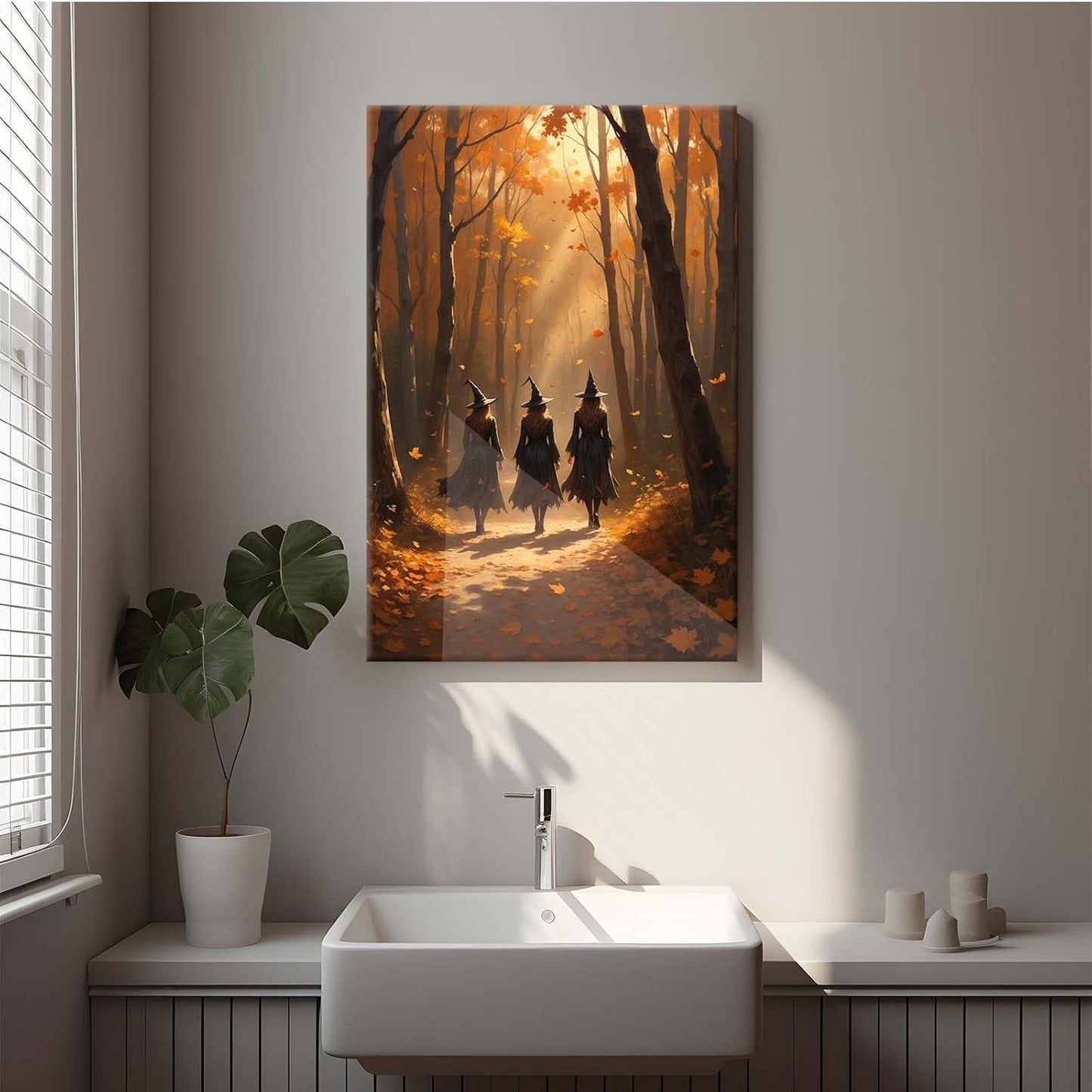 Three witches walking in the forest in autumn canvas painting gothic poster halloween print country witch wall art for home decoration28x40in Wood Framed