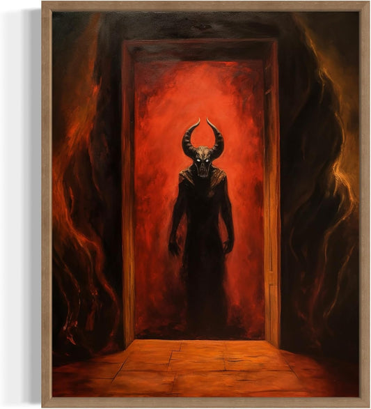 Satan and Hell Poster Art Print, Halloween Scary Vintage Wall Art Academia Spooky Painting Decoration for Horror Prints, Gothic Posters Bedroom Decor 89 (Satan and Hell, 8 x 10 inches, Wood Frame)
