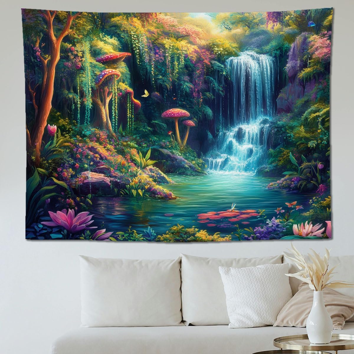 keowhsf Forest Waterfall Tapestry with Mushrooms and Flowers – Colorful Floral Plants Natural Landscape Wall Art, Fantasy Aesthetic Wall Hanging for Bedroom Decor