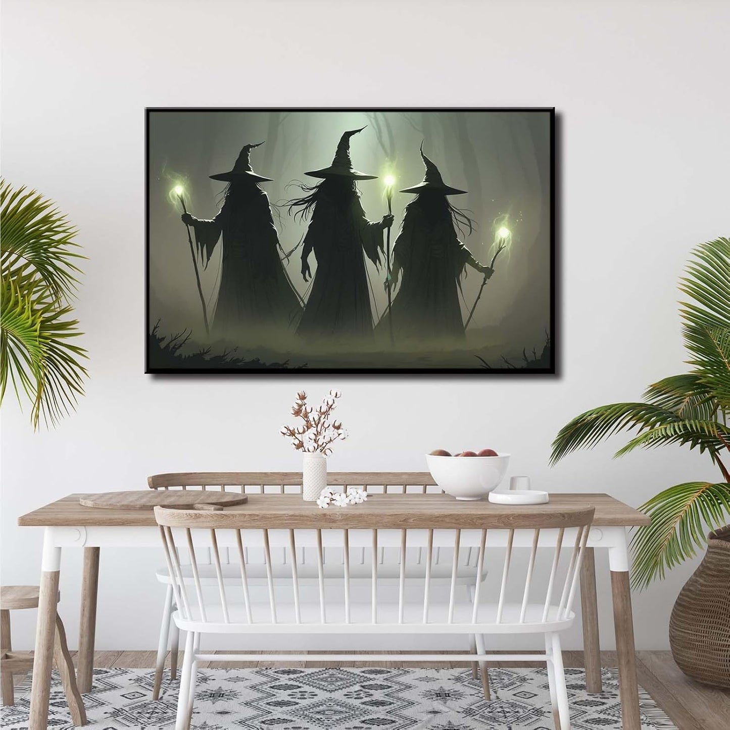 JFHCQJPK Vintage 3 witches canvas wall decor melancholy dark Halloween poster wall decor holding a staff print Gothic horror Halloween painting print for living room bedroom20x30in Metal blackFramed