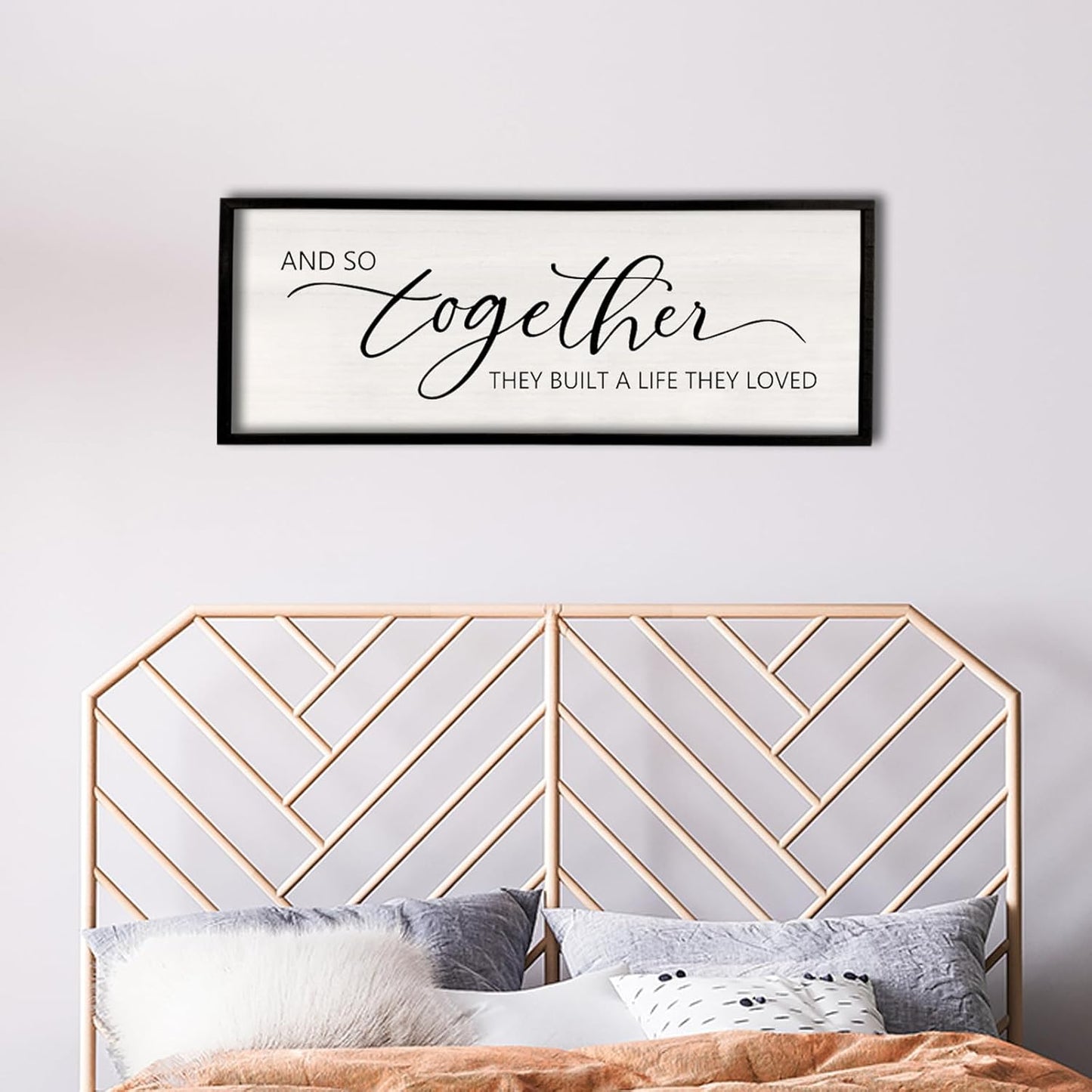 And So Together They Built A Life They Loved Sign 40”X15” Master Bedroom Above Bed Wall Decor Large Framed Wood Farmhouse Sign for Over Bed Bedside Wall Art for Love Sign Decor (Black)