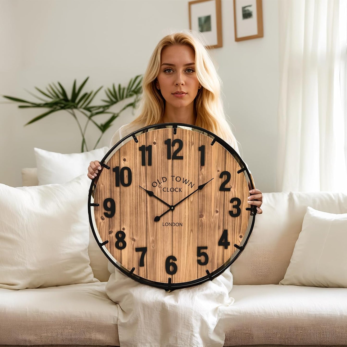 Large Old Town Farmhouse Wall Clock 20 Inches - Rustic Antique Wood with Metal Circle and Large Numerals Silent Battery Operated Wall Clock for Office Kitchen Bedroom Living Room