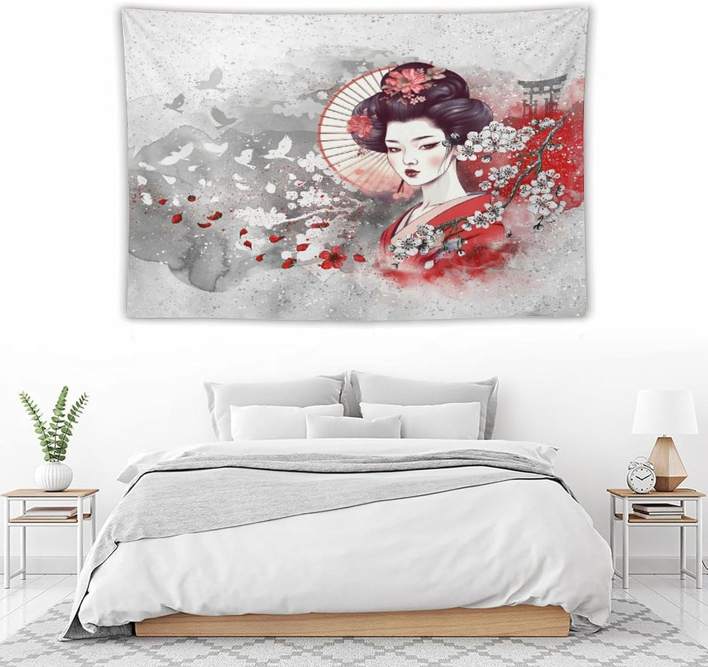 Japanese Geisha Tapestry Asian Red Cherry Blossom Traditional Kimono Folk Tapestries Home Decor for Living Room Bedroom Apartment Farmhouse Dorm 90"x60"