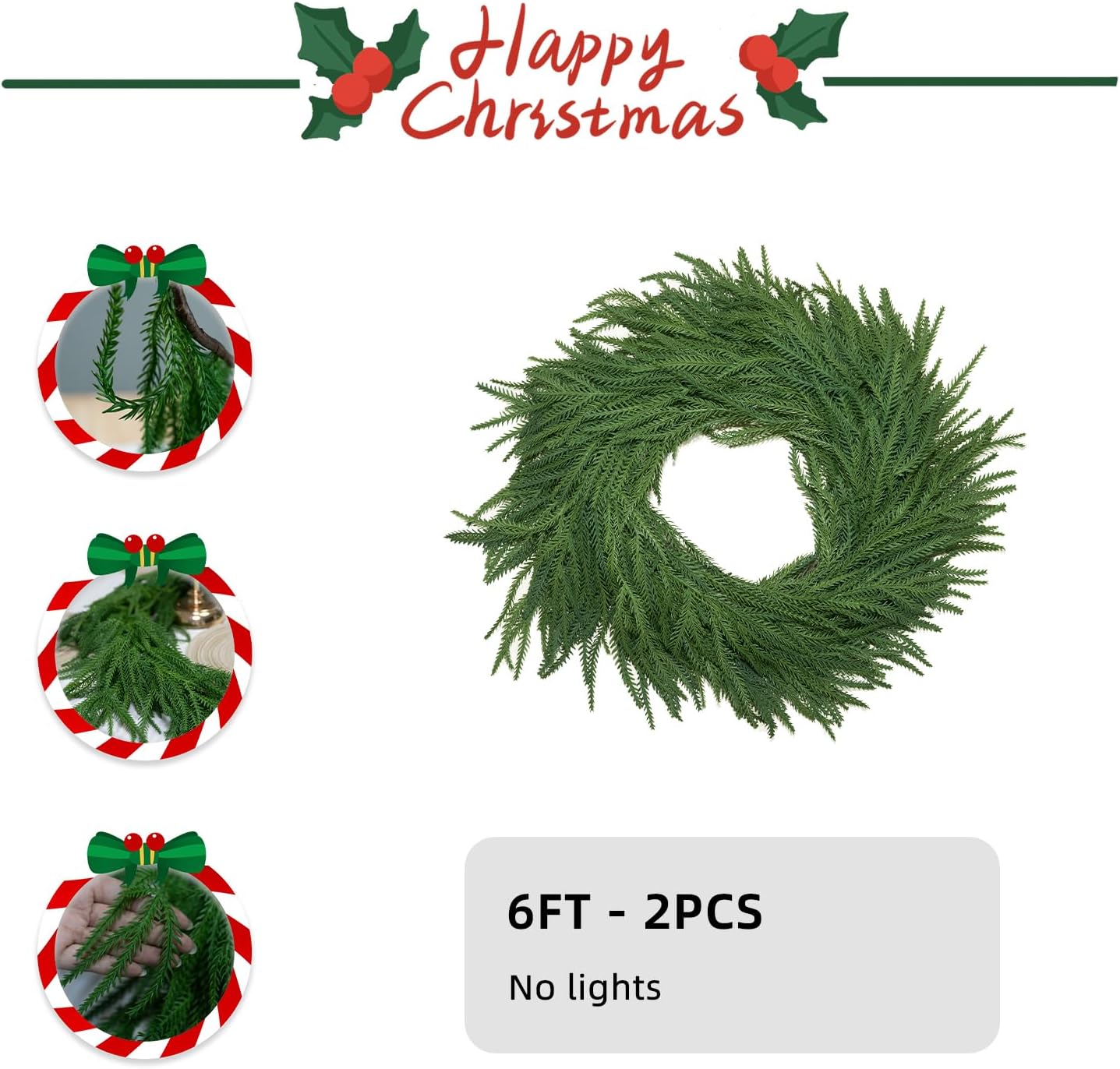 2Pcs 6FT Artificial Norfolk Pine Garlands, Real Touch Winter Christmas Pine Tree Wreath, Green Artificial Greenery Garland for Christmas Holiday Seasonal Indoor Home Decor Mantle