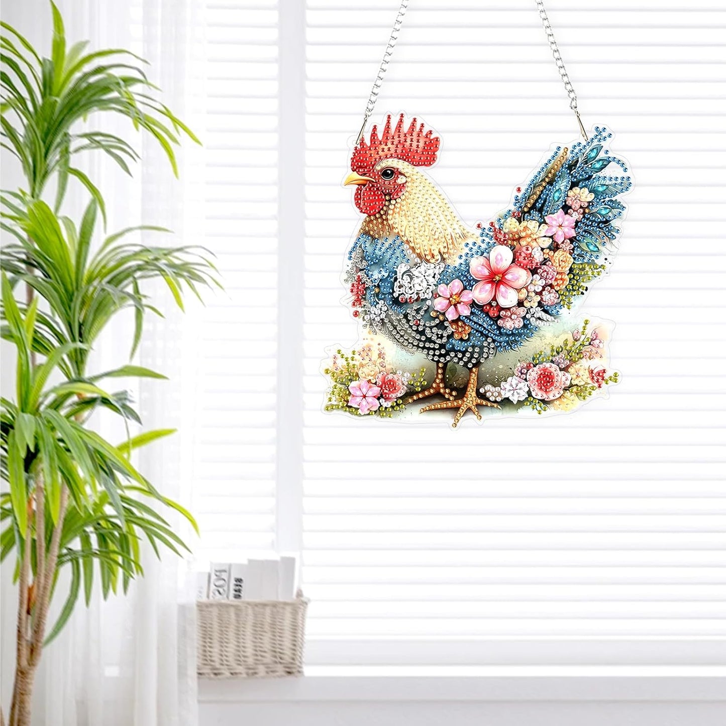 Lxmsja DIY Chicken Flowers Diamond Painting Hanging Ornament, Double-Sided Acrylic Sceney Diamond Art Kit, Special Shaped Drill Pendant Window Art Kit, Suncatcher Hanging Craft Decoration 8x7 inch