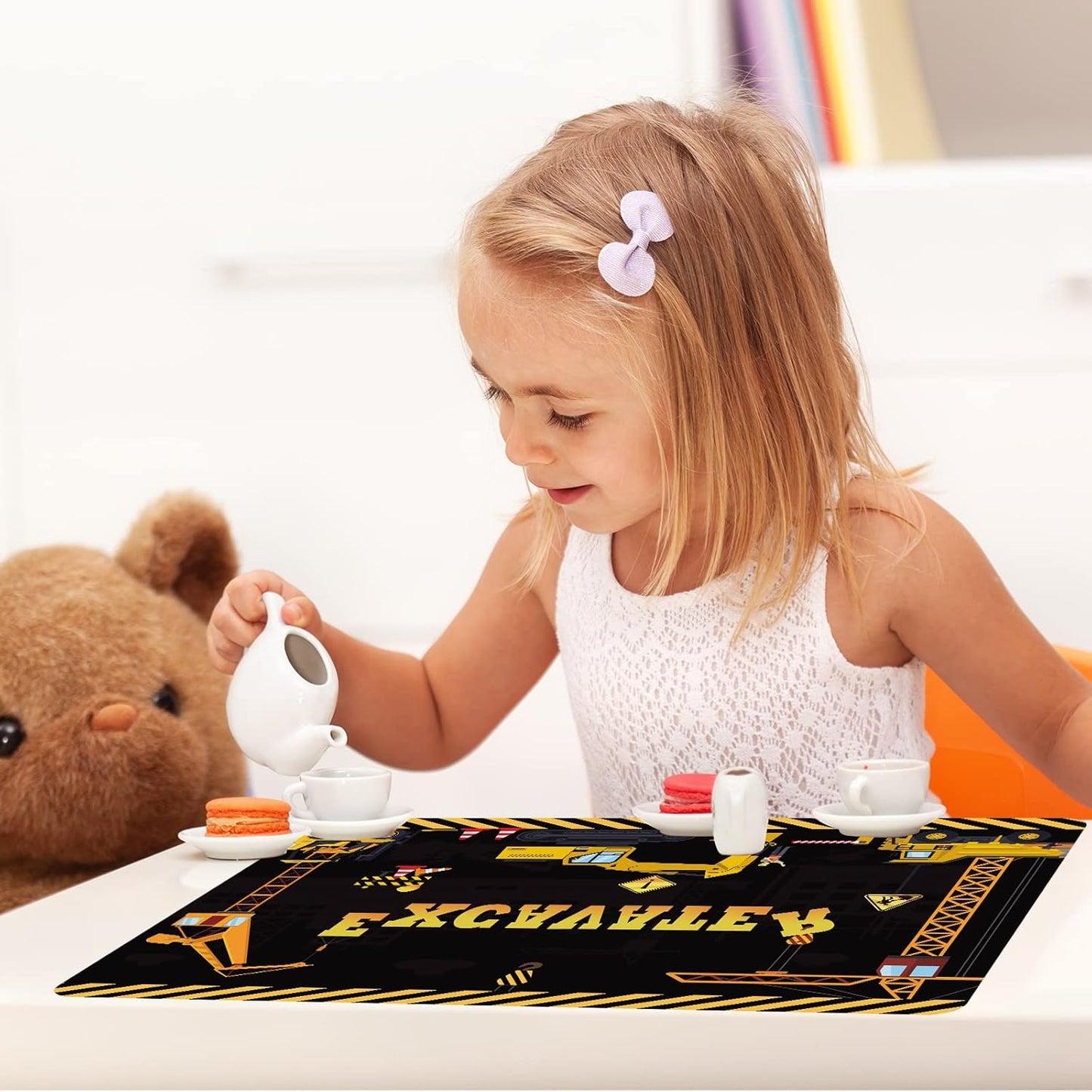 Construction Placemats Set of 6 Toddler Plastic Table Mats Dump Truck Place Mats Washable Vinyl Nursery Homeschool Table Decoration for Indoor Outdoor Party Kitchen Dining