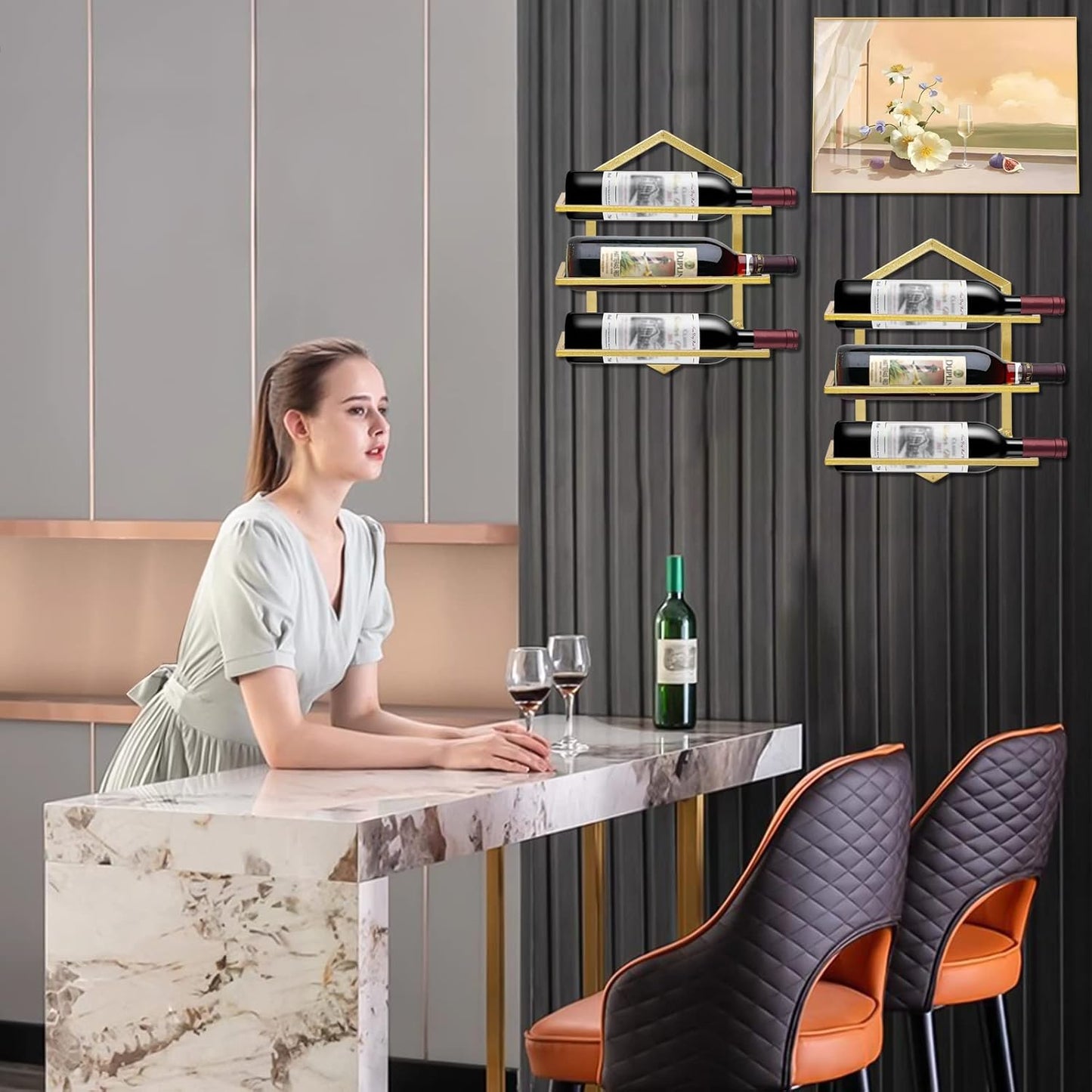 2Pcs Wall Mounted Wine Stemware Rack, Metal Hanging Wine Glass Display Holde Holds 3 Bottles, Elegant Storage for Kitchen Dining Room Bar Wine Cellar (Gold)