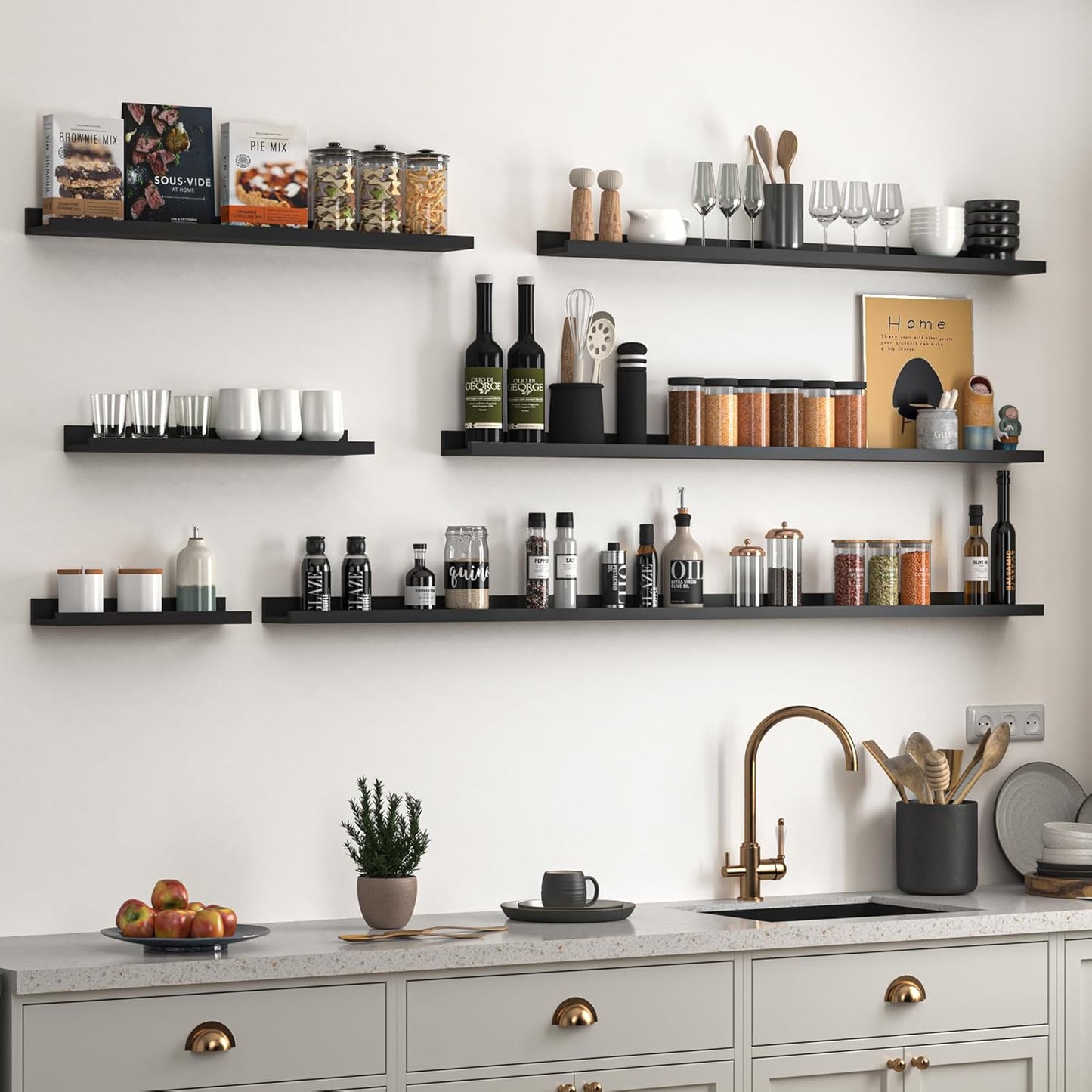 Heimlove Picture Ledge Shelf, Floating Shelves Set of 2, 72 Inches Long Large Picture Shelf for Wall with Ledge, Kids Bookshelf Wall Mounted for Living Room Bedroom Decor Books Photo Frames, Black