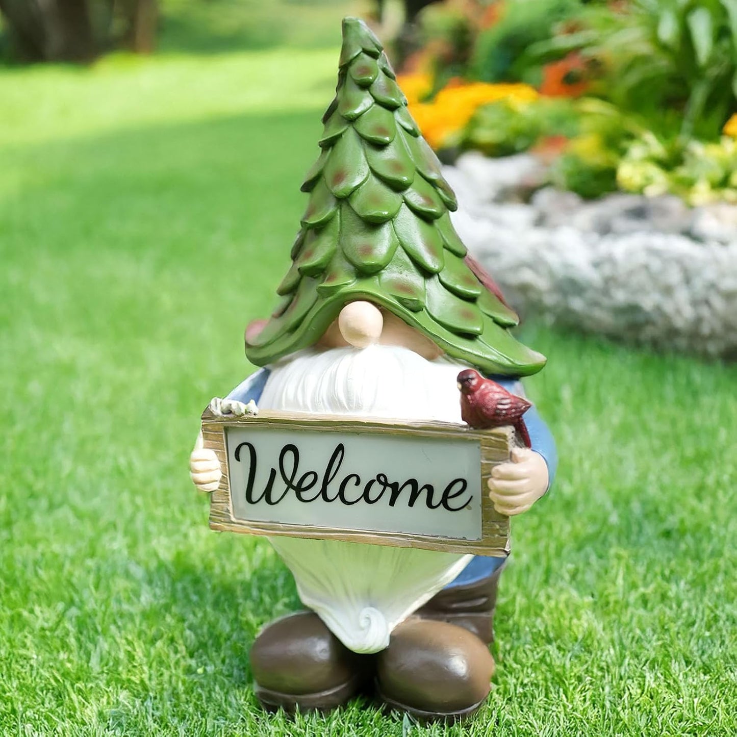 Large Garden Gnome Statue with Solar Lights, 13.5” Welcome Sign Gnome Outdoor Decor for Yard Lawn Patio, Funny Resin Gnome Sculptures, Gifts for Women Mom Grandma,Garden Decor Ornament