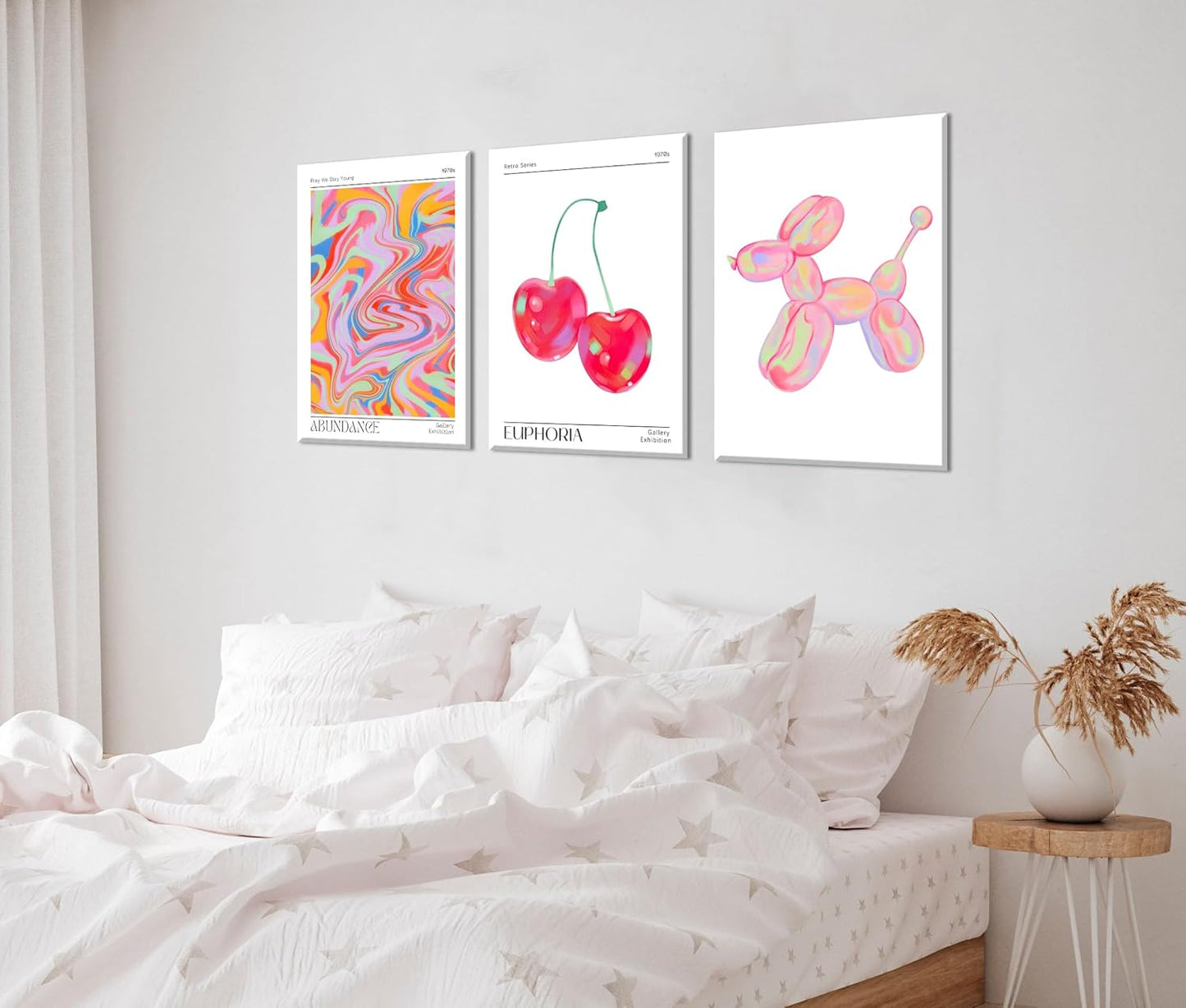 Framed Pink Preppy Wall Art Set of 3 Trendy Cute Balloon Dog Cherry Posters Abstract Aura Canvas Prints Modern Colorful Painting Retro Pop Art Decor Positive Picture for Living Room Bedroom 12x16in