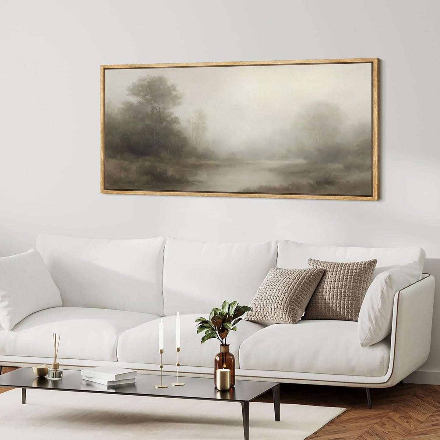 MUDECOR Extra Larg Framed Canvas Print Wall Art Misty Forest River Landscape Neutral Tones Nature Illustrations Decorative Colorful for Bedroom - 60"x30"