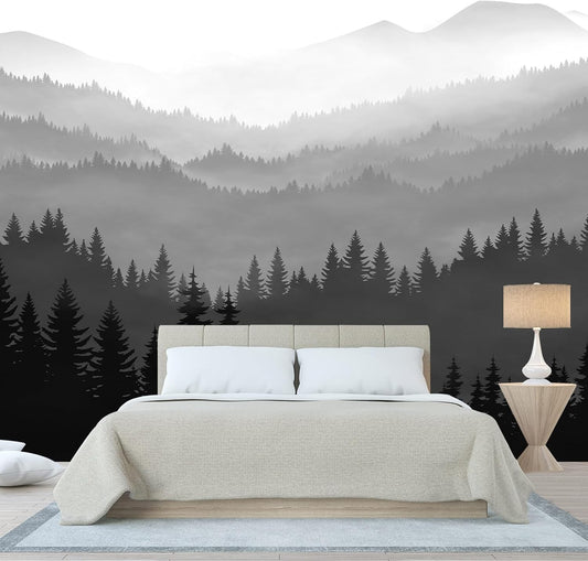WFBHUA-Black and White Forest Mountain Wallpaper Gray Woodland Nature Landscape Wall Paper Mural for Bedroom Living Room(Not Peel and Stick)