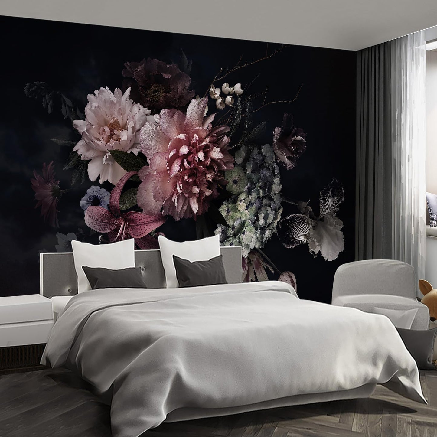 Black Floral Wall murals Peel and Stick Flowers Wallpaper for Bedroom Living Room - 85"x118"