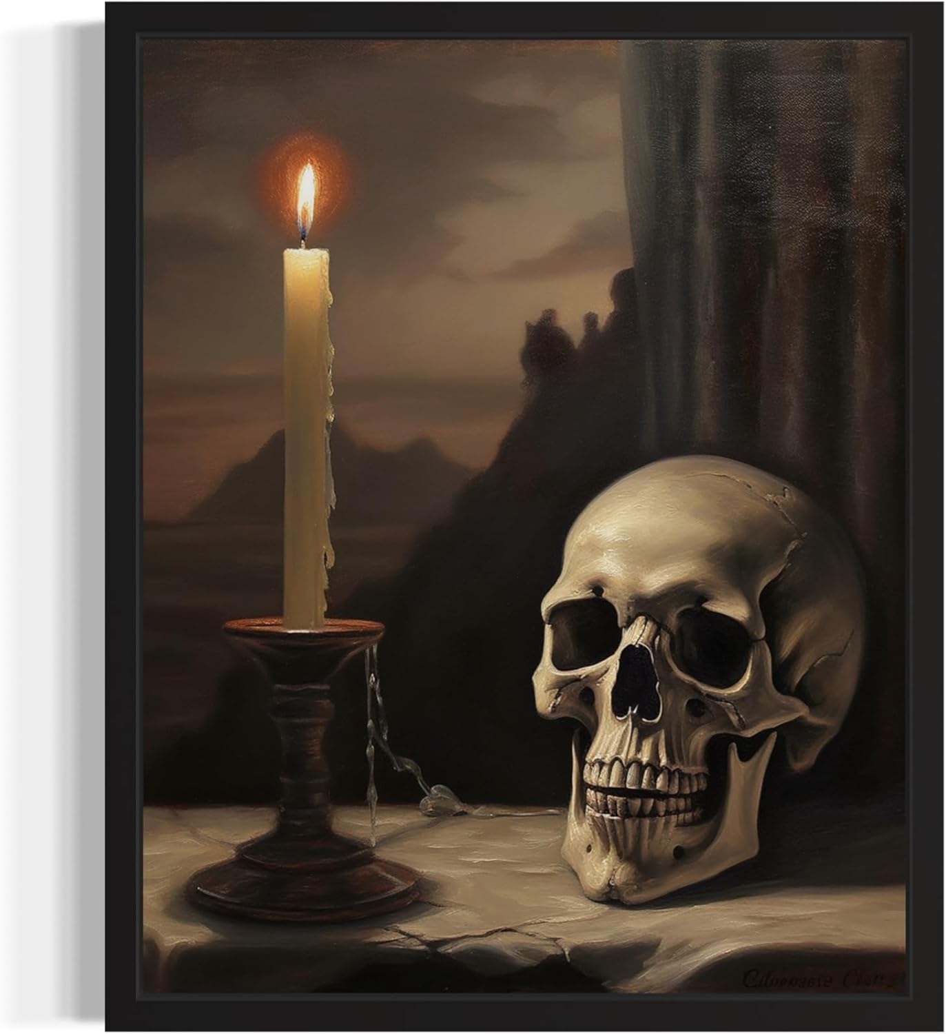 Skull and Candle Poster Art Print, Halloween Scary Vintage Wall Art Academia Spooky Painting Decoration for Horror Prints, Gothic Posters Bedroom Decor 89 (Skull and Candle, 11 x 14 inches, Black Frame)